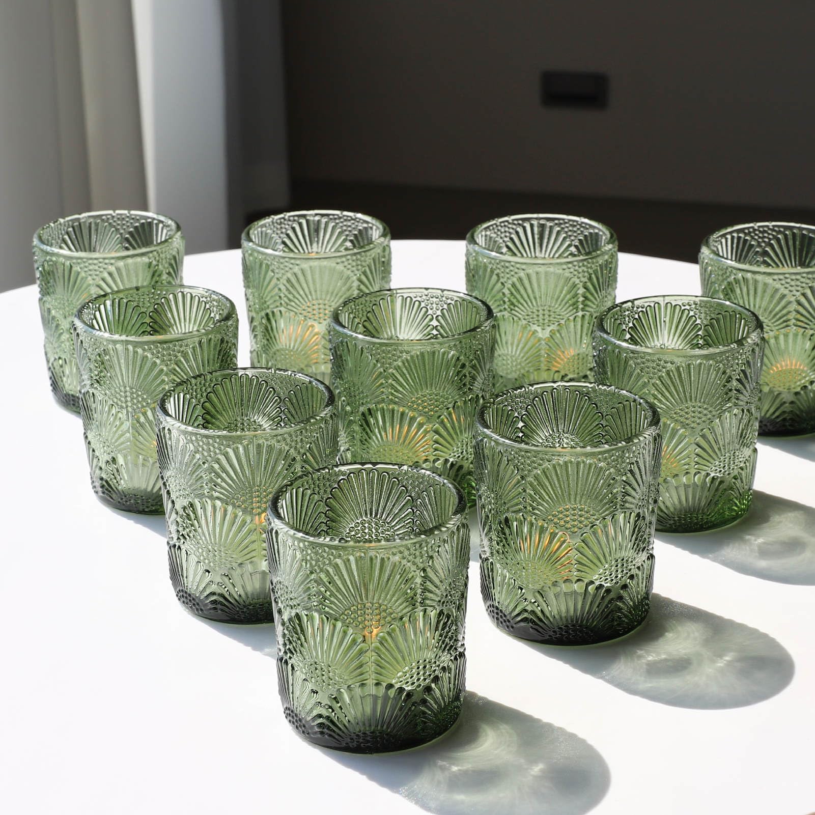 Woho Green Votive Candle Holders Set of 24, Green Glass Tealight Candle Holder for Christmas Party Decor, Tea Light Candle Holde
