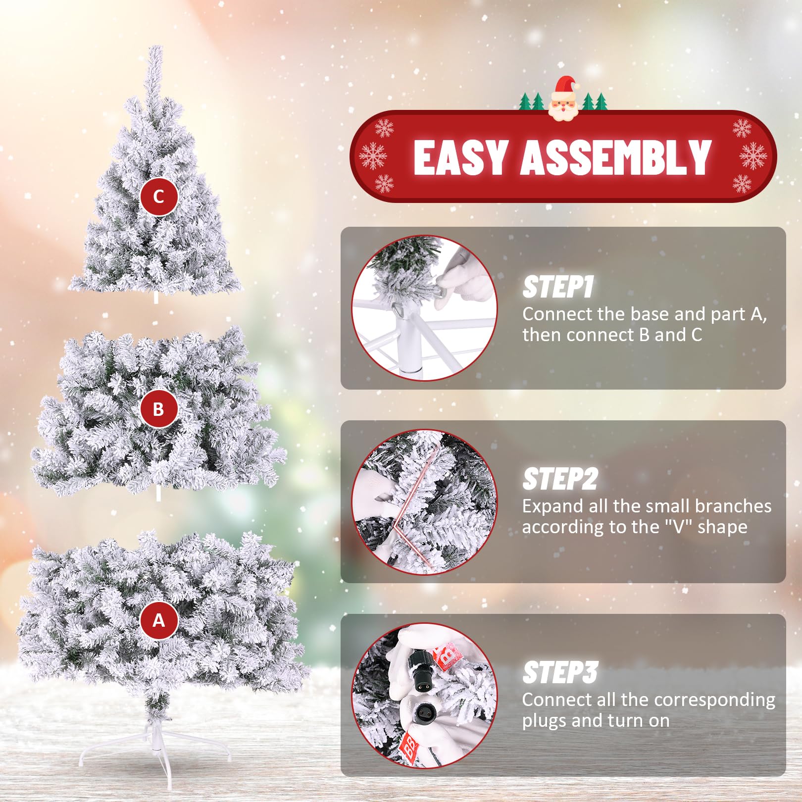 6FT Flocked Green Artificial Christmas Tree with 250 Warm White LED Lights - Pre-Lit Snow Tipped Full Tree for Indoor Holiday Ho