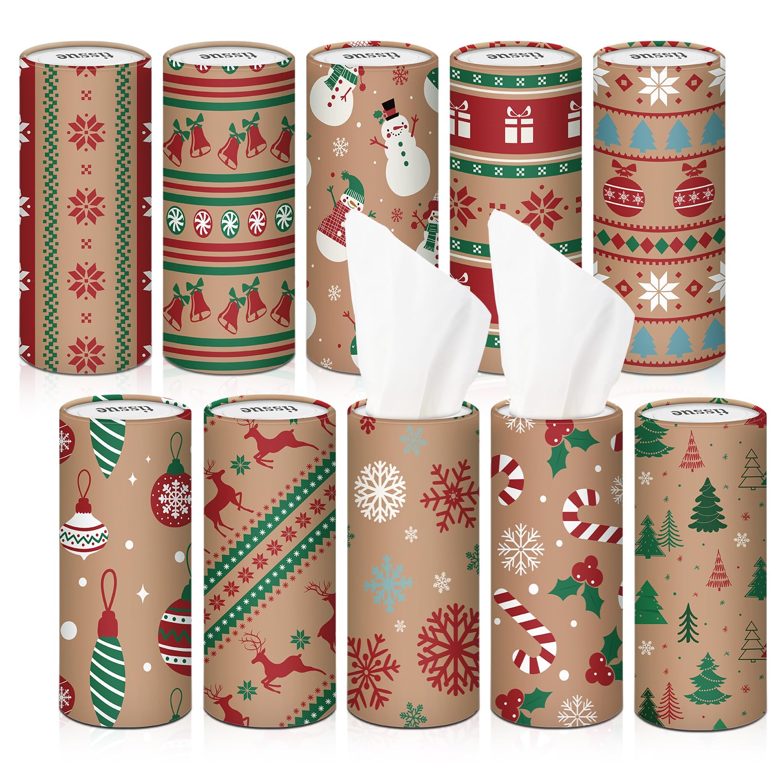 Hushee 10 Pcs Christmas Car Tissues Cylinder Holder Boxes with 500 Facial Tissues Santa Tissue Box for Car Round Tissue Tubes fo