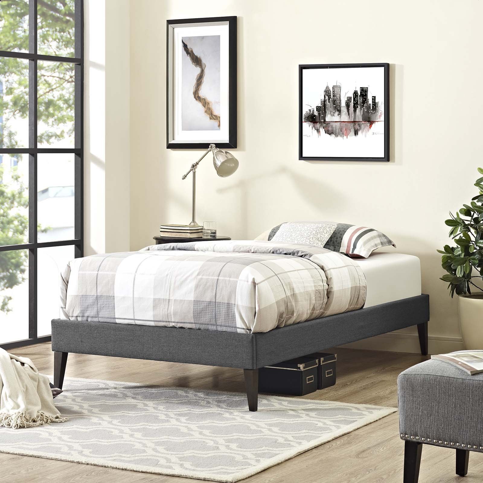 CasaFoyer  Tessie Platform Bed | Solid Wood Frame | Polyester Upholstery | Tapered Legs | Gray | Twin Size | No Box Spring Needed | Mattress Not Included