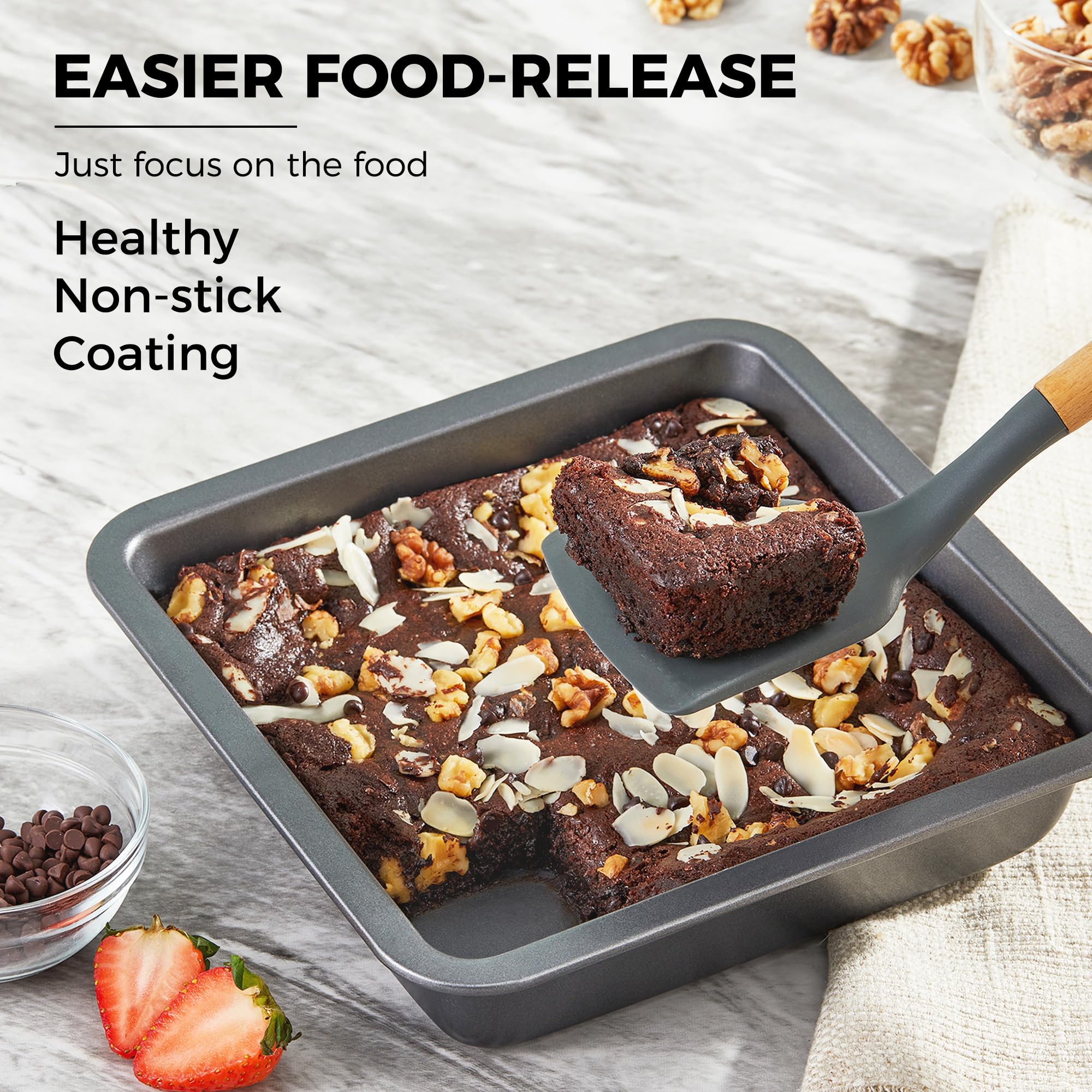 Hongbake 8X8 Cake Baking Pan Set, Nonstick Square Brownie Pans With Wider Grips, 2 Pieces, Heavy Duty, Grey