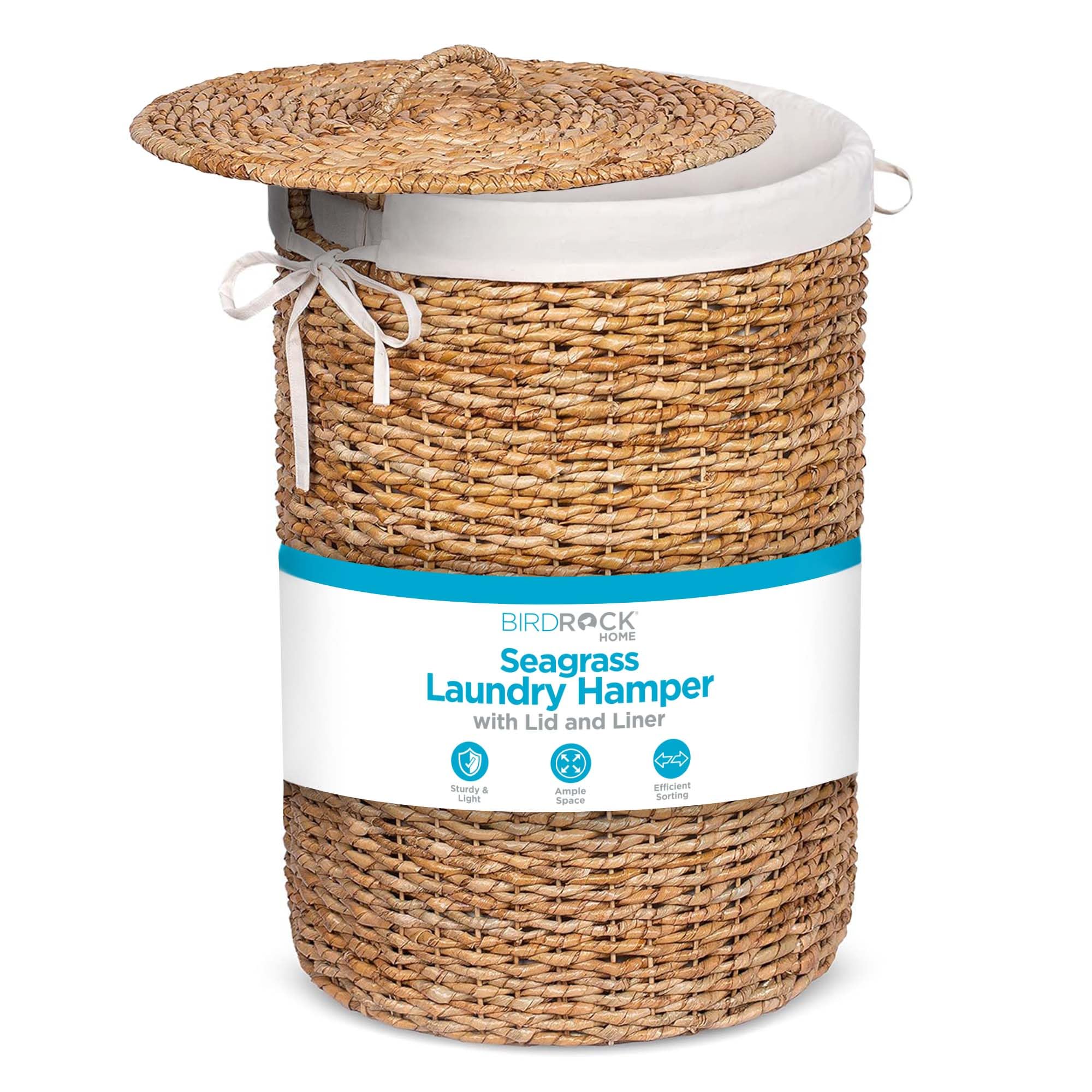 BIRDROCK HOME Seagrass Laundry Hamper with Lid & Liner - Handwoven Round Basket with Handles for Laundry/Dirty Clothes - Organiz