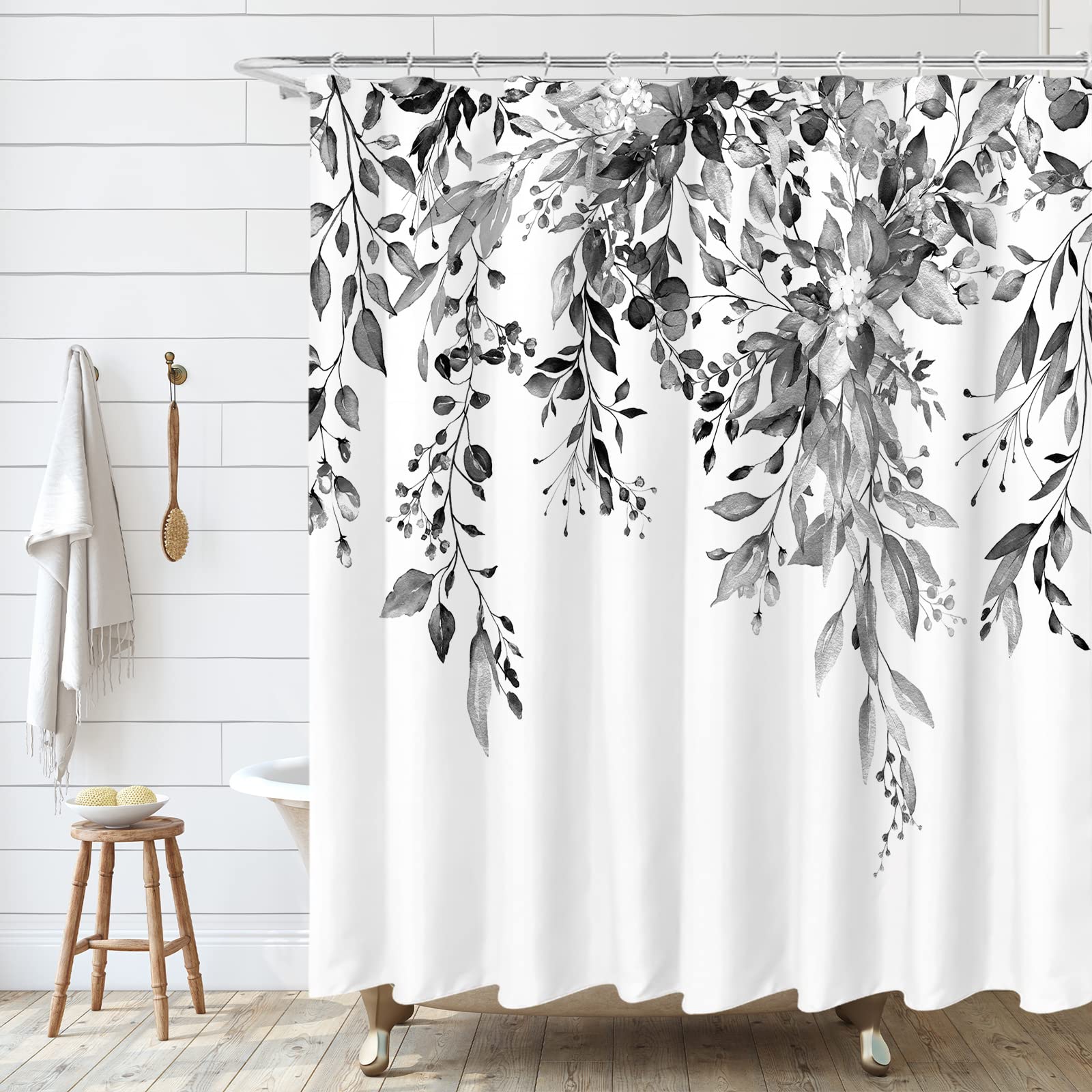 Tititex Black Eucalyptus Shower Curtain, Watercolor Brown Grey Leaves On The Top Plant With Floral Bathroom Decoration Shower Cu