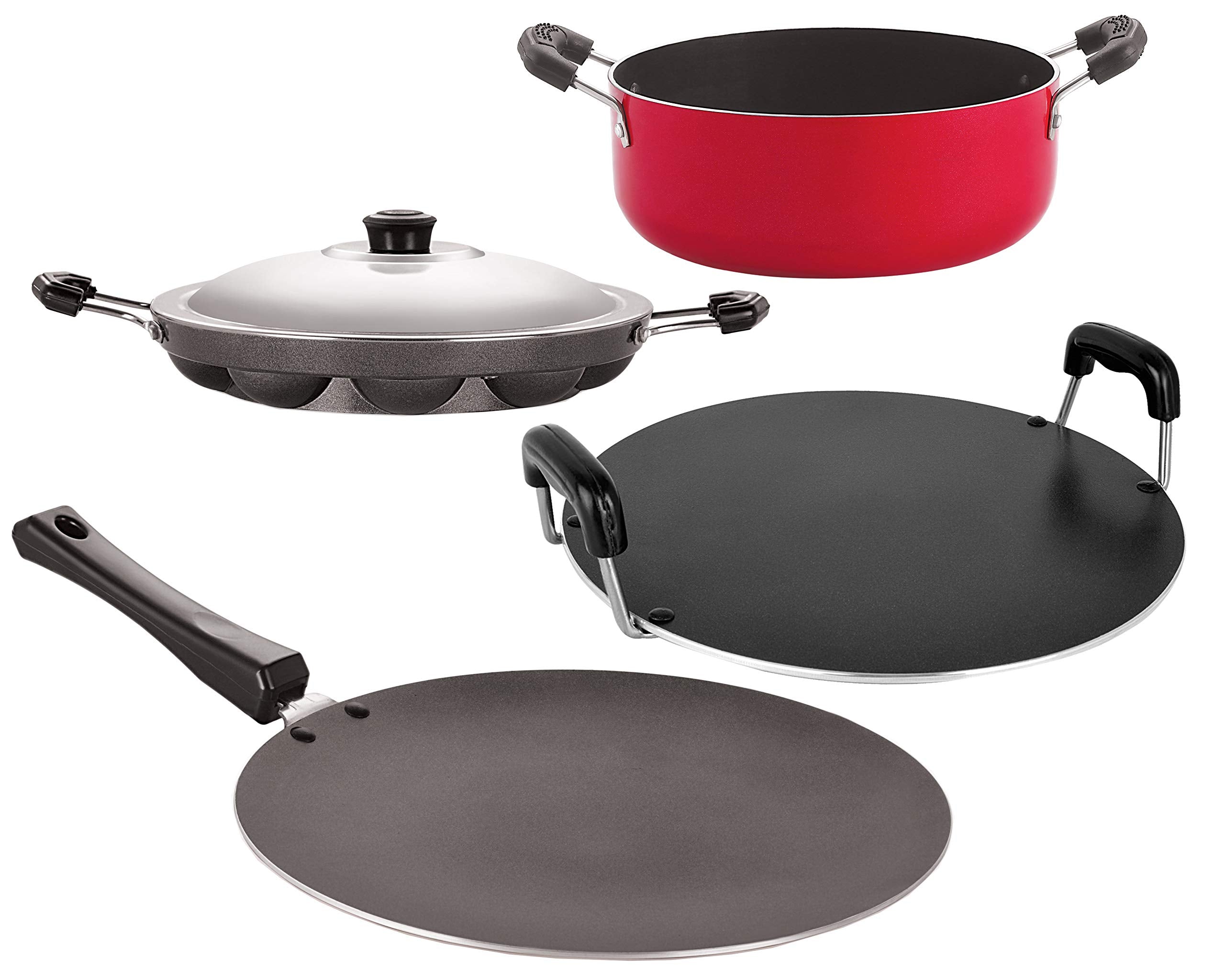 Nirlon NonStick Aluminum Cookware Set, 4Piece, Red And Black (26_Ct_Appampatra_Rt_Cass22)