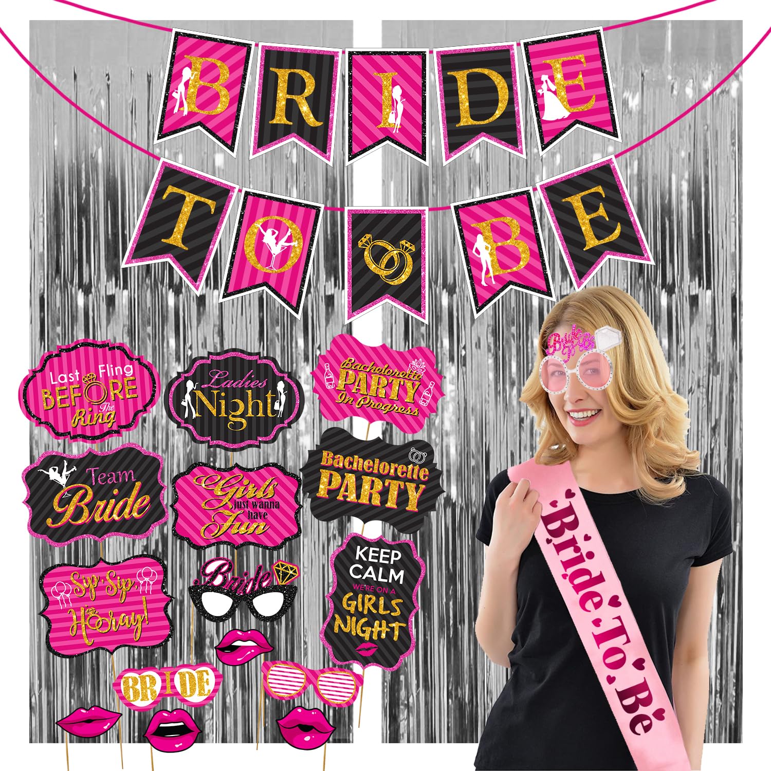 Zyozique Bachelorette Party Decorations Kit | Bridal Shower Party Supplies  Bride to Be Paper Banner, Photo Booth Props, Eye Gl