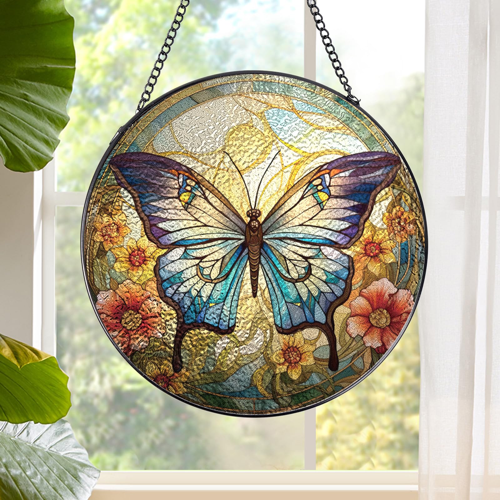 Rngmsi Butterfly Stained Glass Window Hanging Decor, 7.8 Sun Catchers Stain Glass Window Hanging Indoor