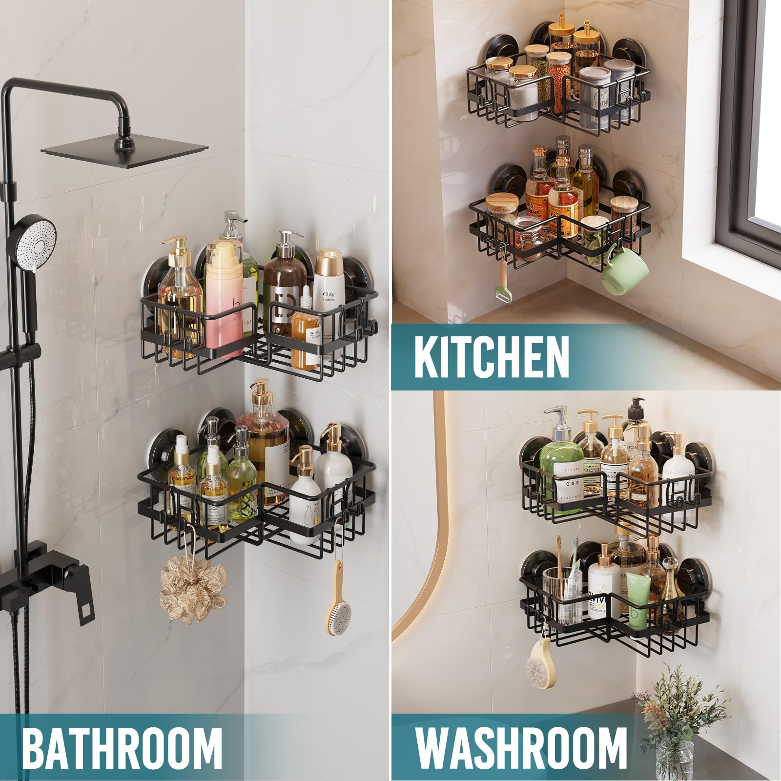 Taili Corner-Adaptive Suction Cup Shower Caddy 2 Pack, Stainless Steel Rustproof Corner Shower Shelves, Drill-Free Wall Mounted