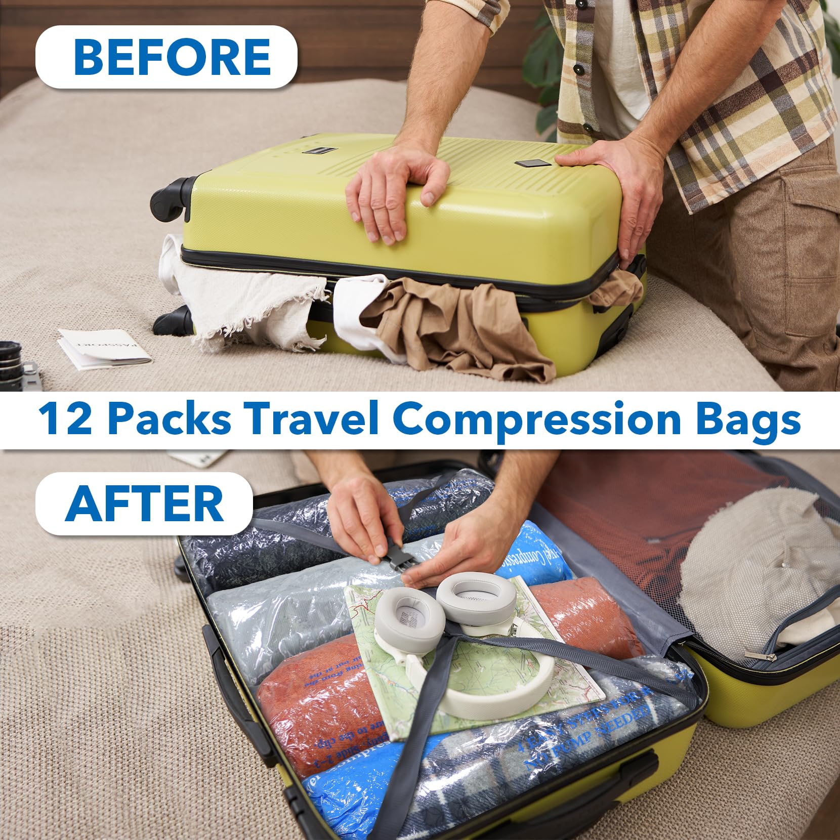 12 Pack Compression Bags For Travel | Vacuum Seal Storage Bags For Luggage & Dirty Clothes | Travel Packing Space Saver Bags For