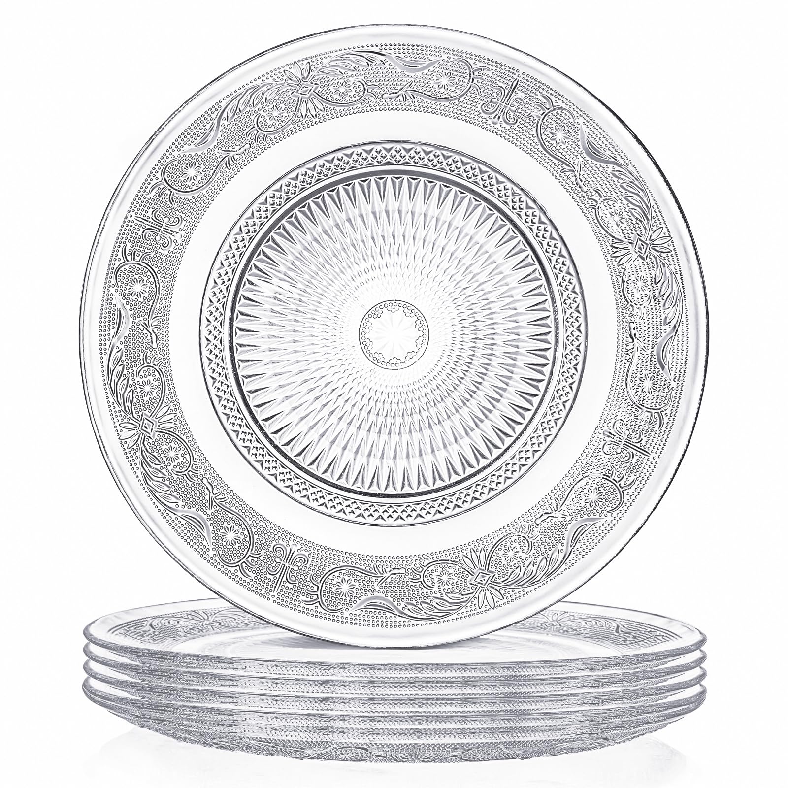 Elsjoy Set of 6 Glass Dinner Plate, 10 Inch Large Serving Plate Round Clear Glass Plate, Vintage Embossed Dinnerware for Pasta, 