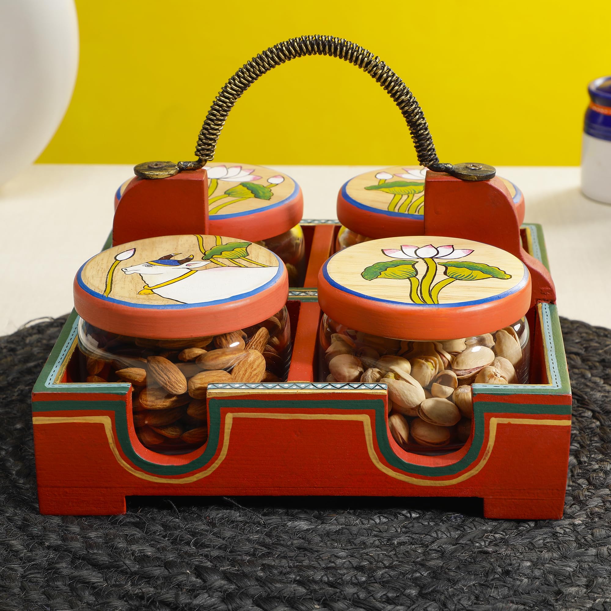 Dudki Wooden Serving Tray With 4 Glass Jaar Having Flower Design