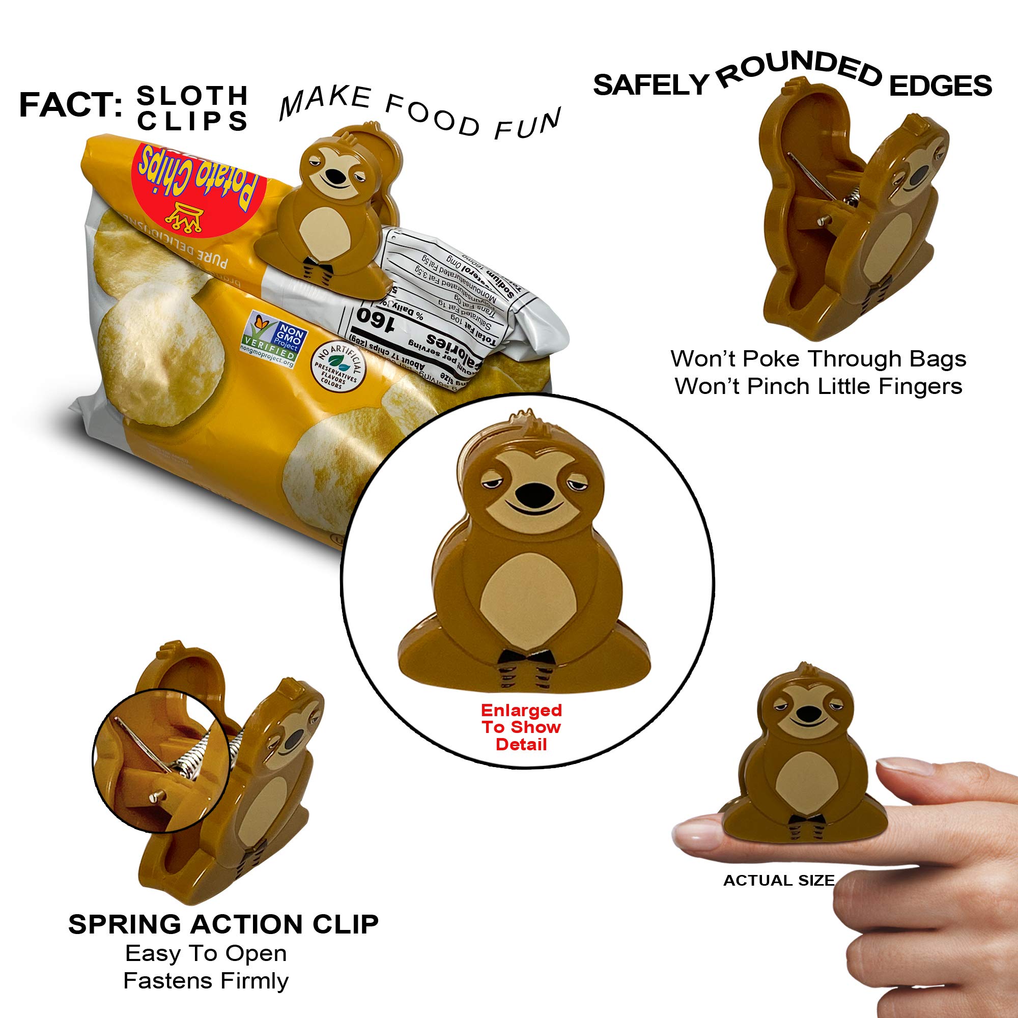 Sloth Bag Clips, 6 Woodland Sloth Chip Clip Set, Tight Food Saver, Snack Bag Sealer, Chip Clips Bag Clips Food Clips, Air Tight,