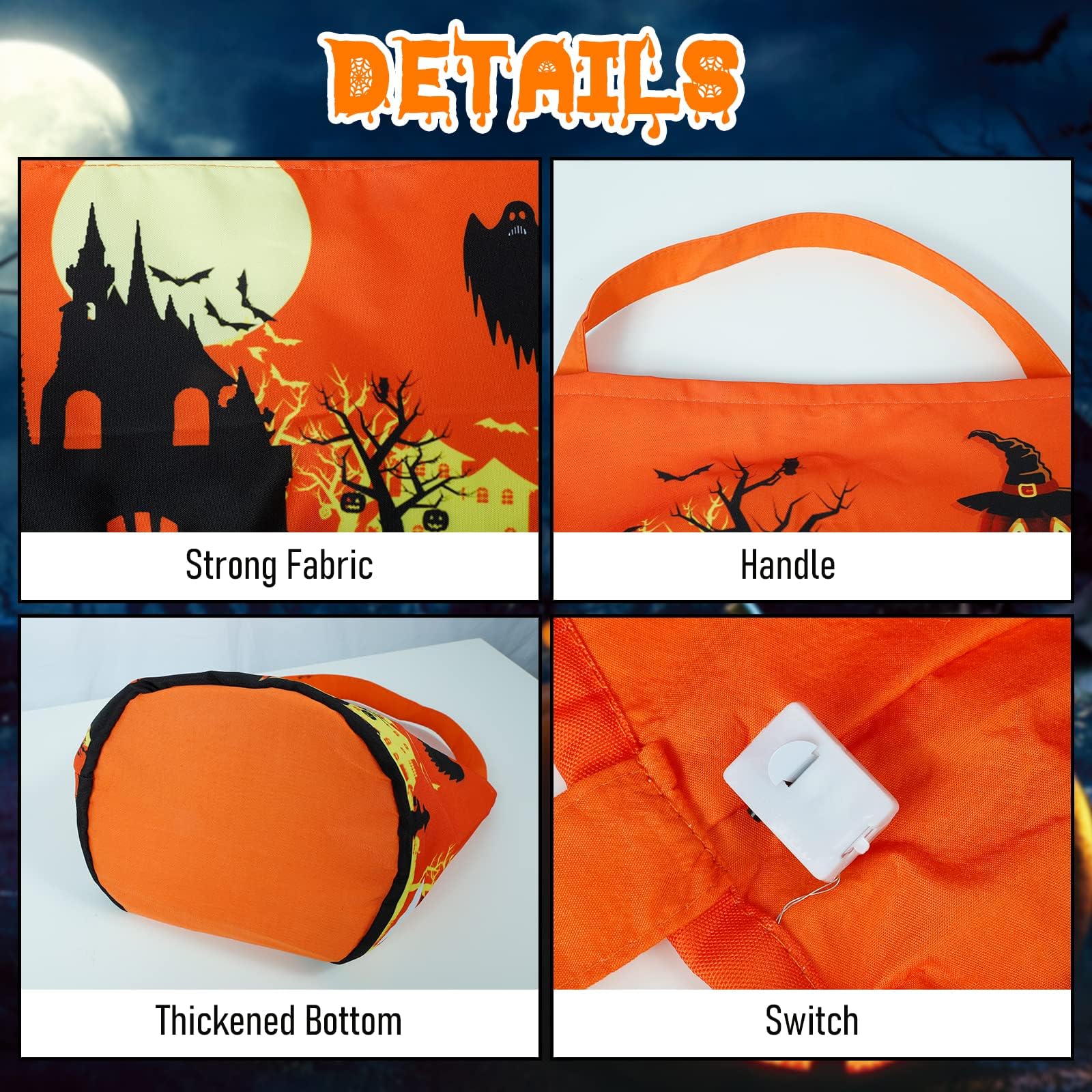Halloween Trick Or Treat Candy Bags Led Light Up Pumpkin Bucket, Collapsible Reusable Candy Basket, Fabric Tote Gift Goody Bags