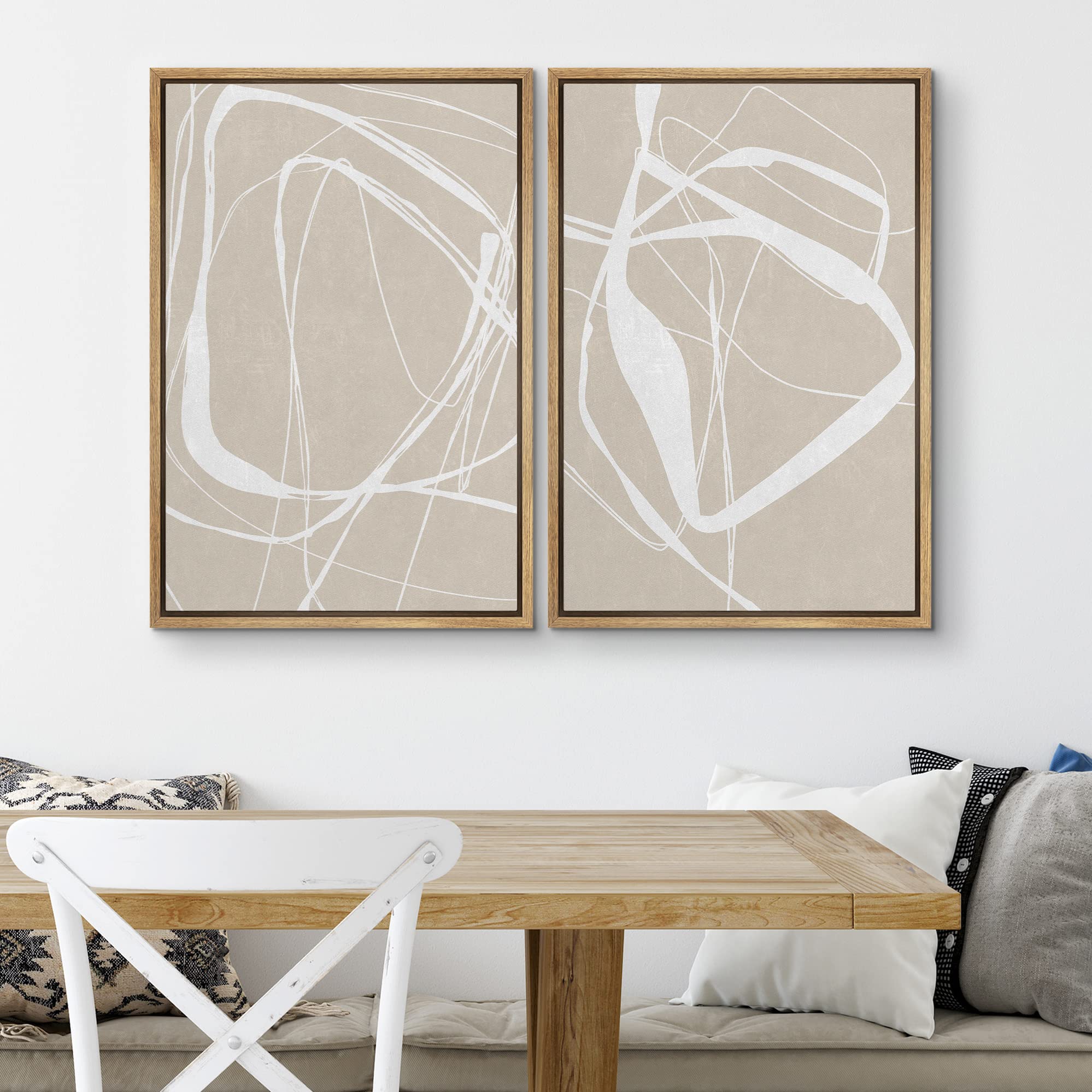 SIGNWIN Framed Canvas Print Wall Art Set Mid-Century Geometric Ring Pattern Abstract Shapes Cozy Neutral Minimalism Decorative Bohemian Relax/Zen for Living Room  Bedroom  Office - 16''x24''x2 Natural