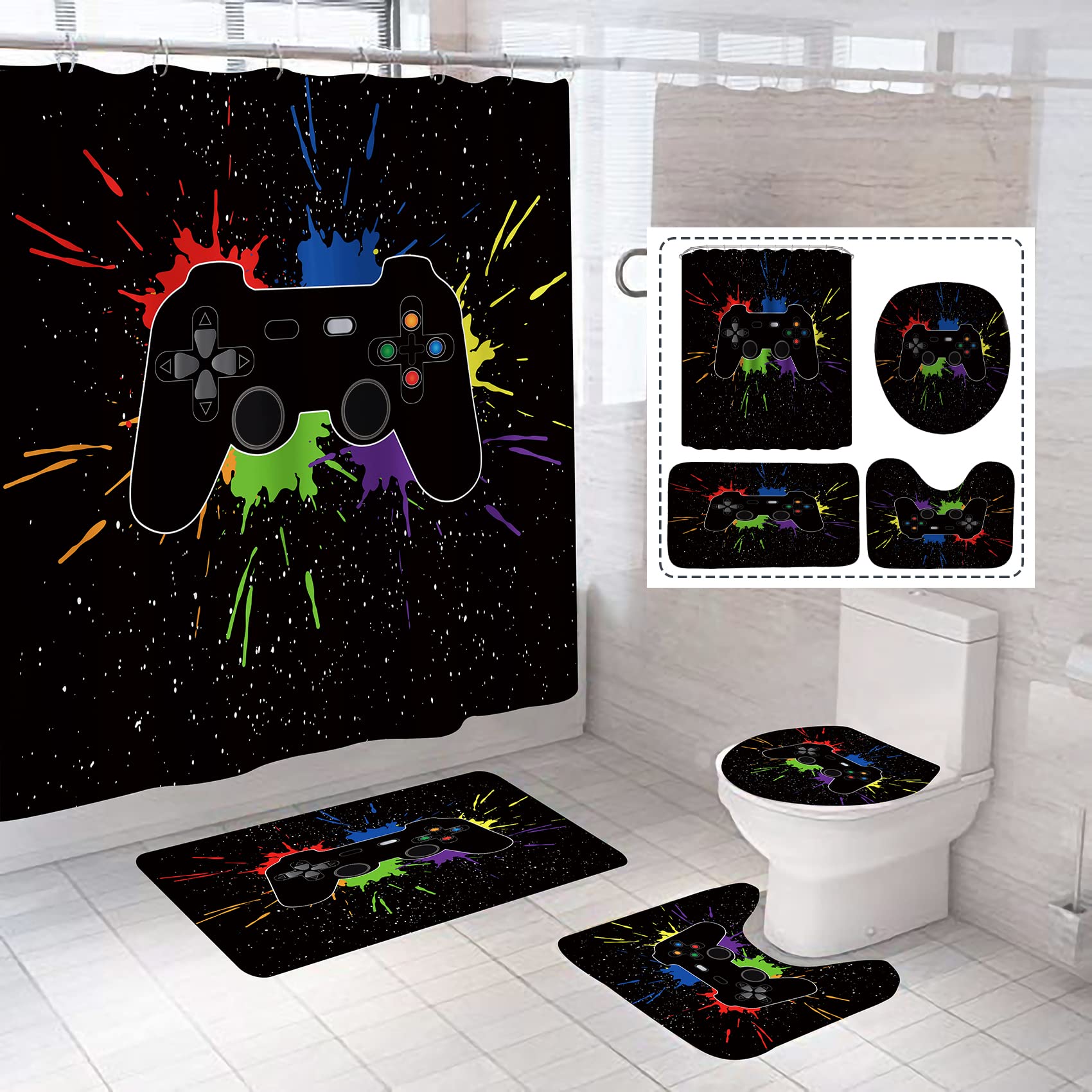 NORBEY 4 Pcs Game Shower Curtain Set, Classic Videogames Controller Bath Curtain with Anti-Slip Mat Toilet Cover Carpet Set and 