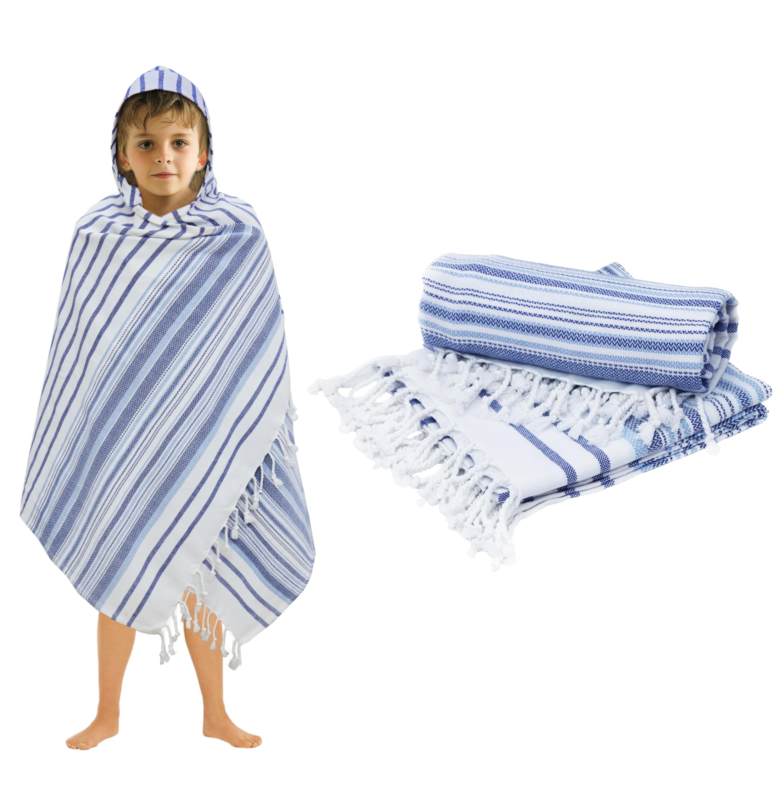 Original Kids Fouta Hooded Bath Towel Wrap With Fringes  2 Pack 100% Cotton  Sand Free  Lightweight  Quick Dry  Super Absor