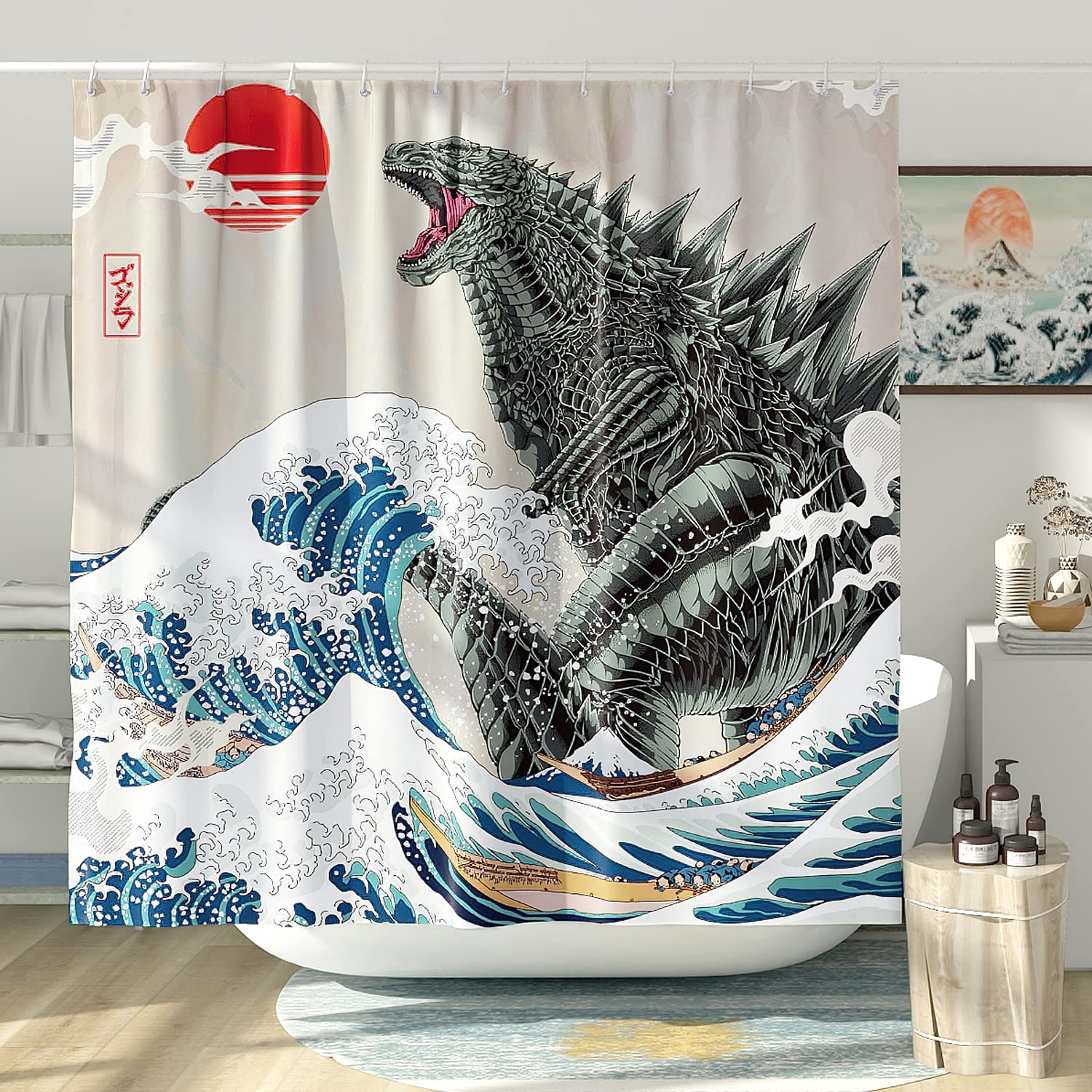 Desihom Funny Extra Long Shower Curtains 84 Inches, Fun Anime Monster Shower Curtain Set For Bathroom Cool Asian Japanese Bathro