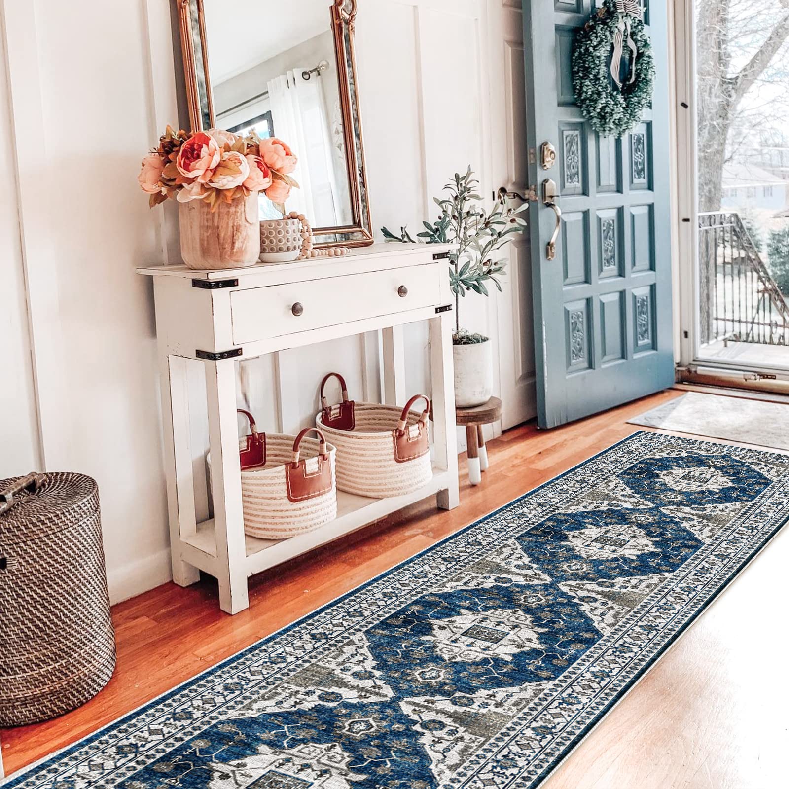 Hallway Washable Runner Rug - 2x10 Kitchen Rugs Entryway Rug Runner Vintage Soft Floor Mat Non Slip Indoor Farmhouse Carpet for