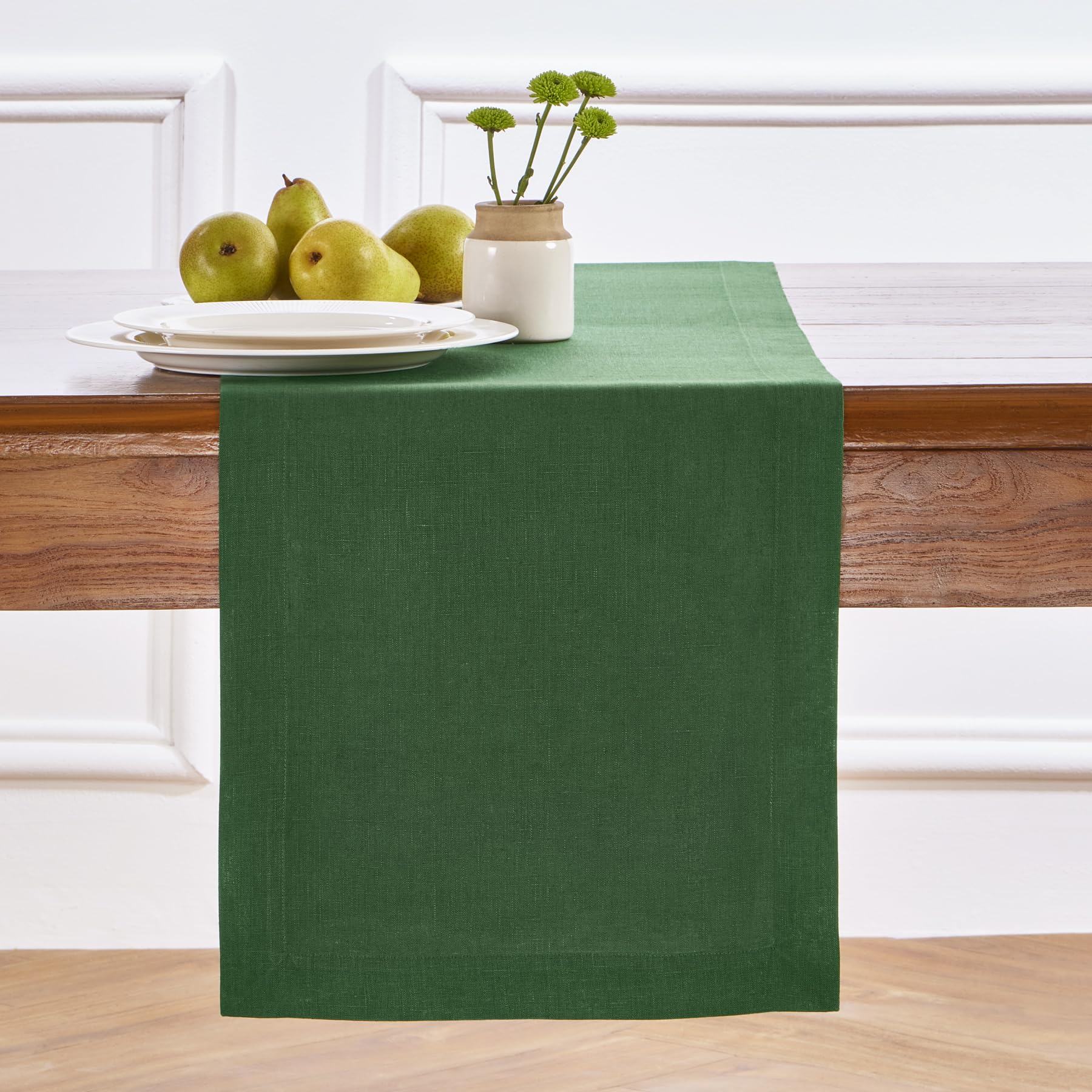 Solino Home Linen Table Runner 72 Inches Long - 100% Pure Linen Pine Green Dining Table Runner 14 x 72 Inch for Fall, Autumn, Th