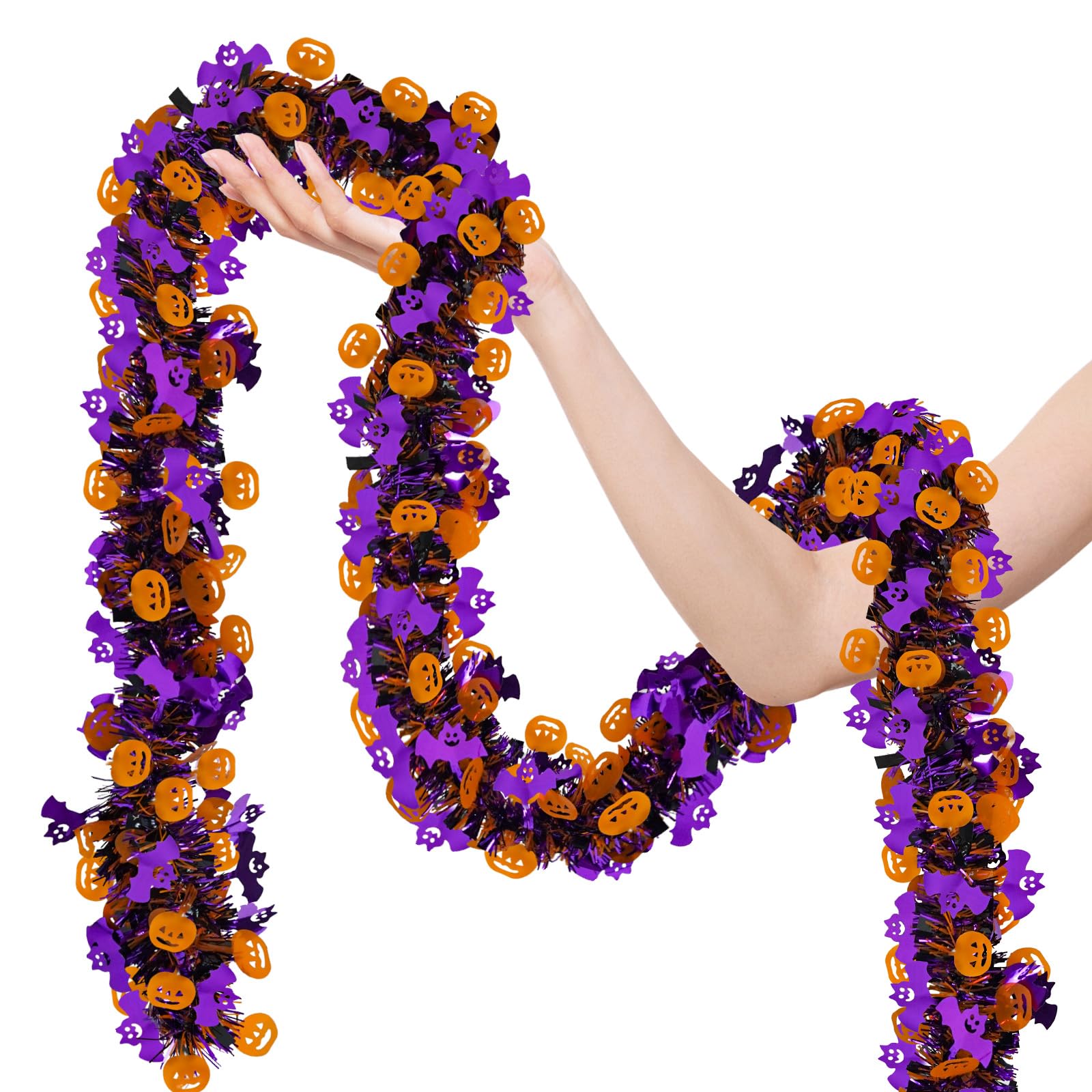 Caplidou 2 Pack 66 FT Halloween Tinsel Garland with Orange Pumpkin Purple Bat Metallic Twist for Tree Party Porch Mantel Door Fi