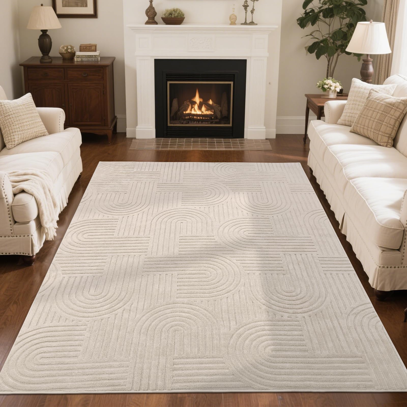 SHACOS Soft Cozy Fluffy Arch Pattern High Low Pile Area Rugs 5x7 Non Slip Washable Scandinavian Minimalist Rug Modern Geometri