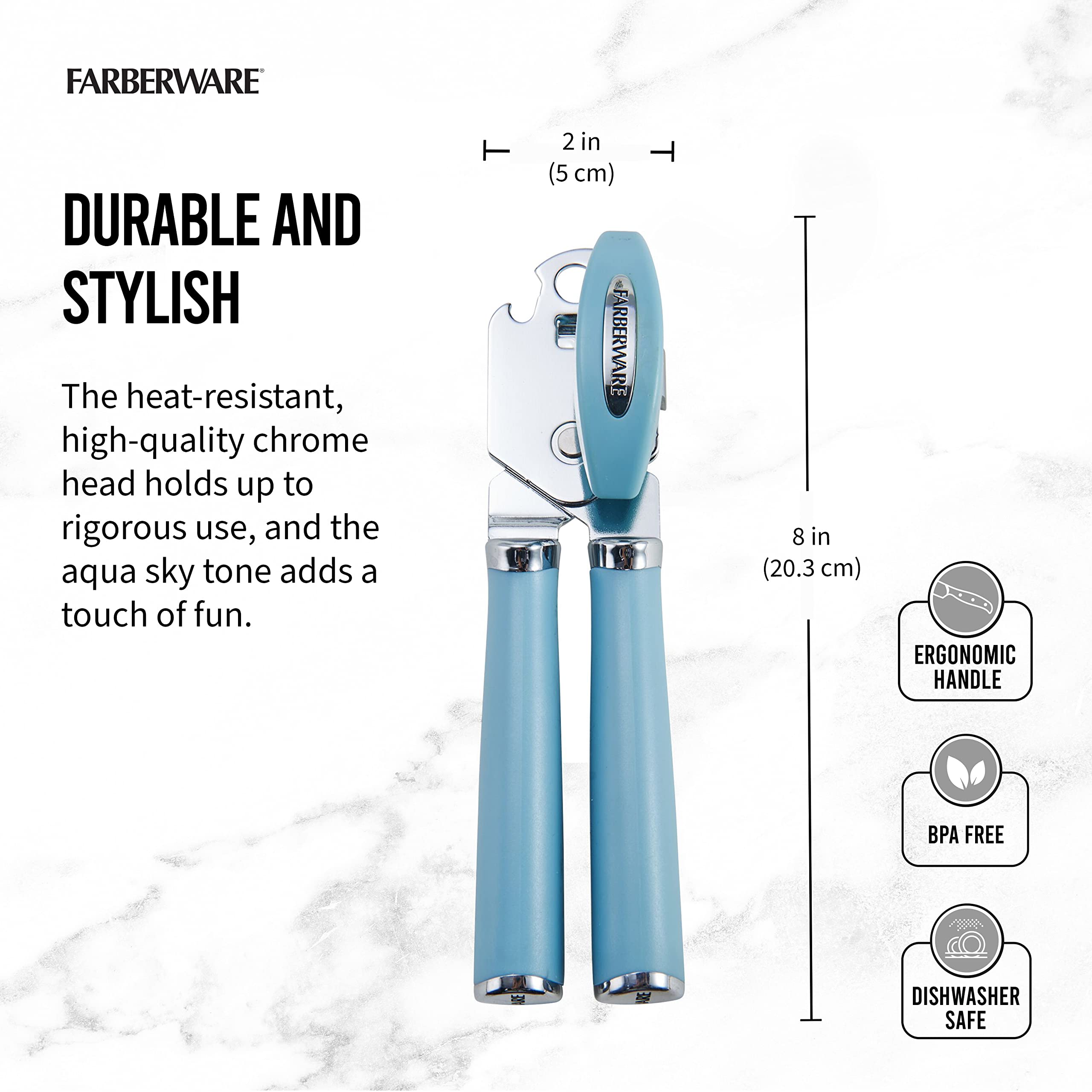 Farberware Professional Retro Can Opener, Stainless Steel, Blue, Built-in Bottle Opener, Model 5242028, Easy Turn Knob, Rust Proof