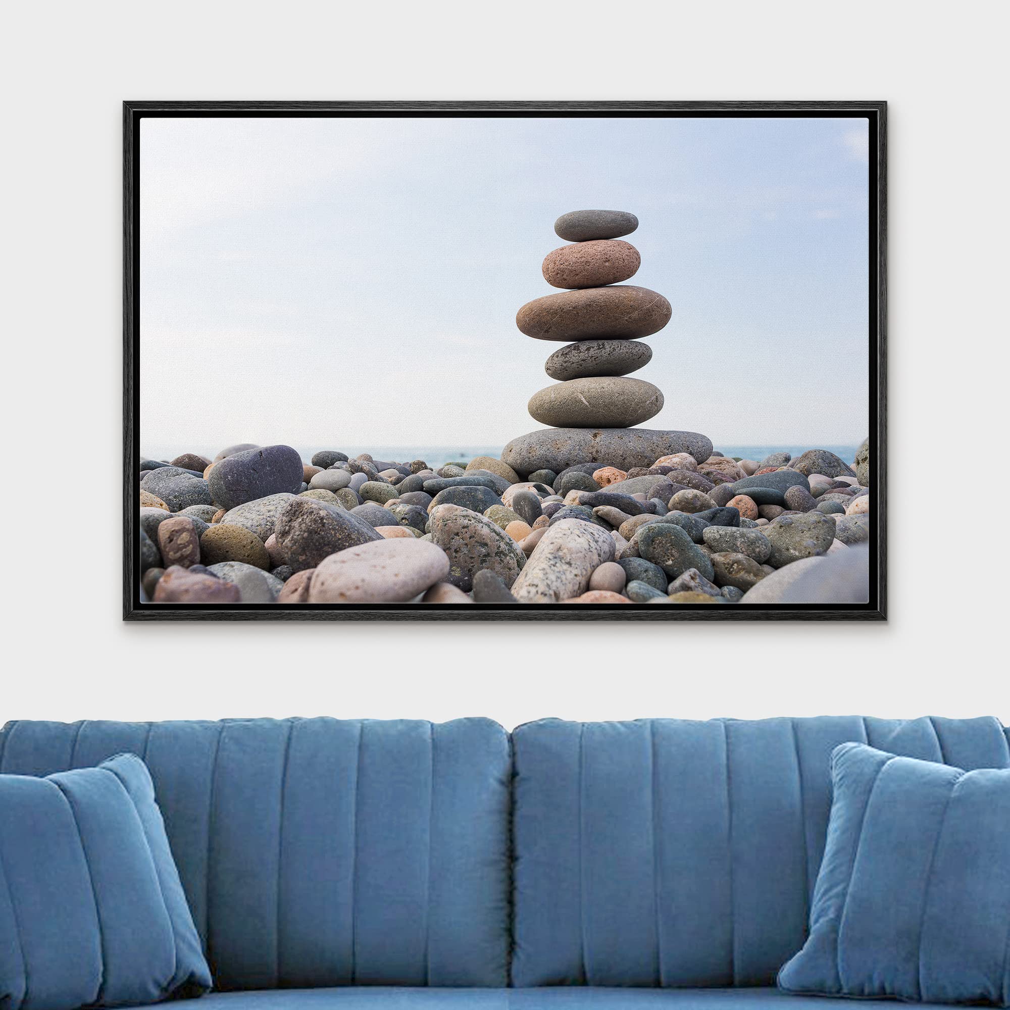 wall26 - Framed Canvas Prints Wall Art - Zen Stones Balance  Pebbles Stack Over Blue Sea  Modern Wall Decor/Home Decoration Stretched Gallery Canvas Wrap Giclee Print. Ready to Hang - 24''x36'' Black