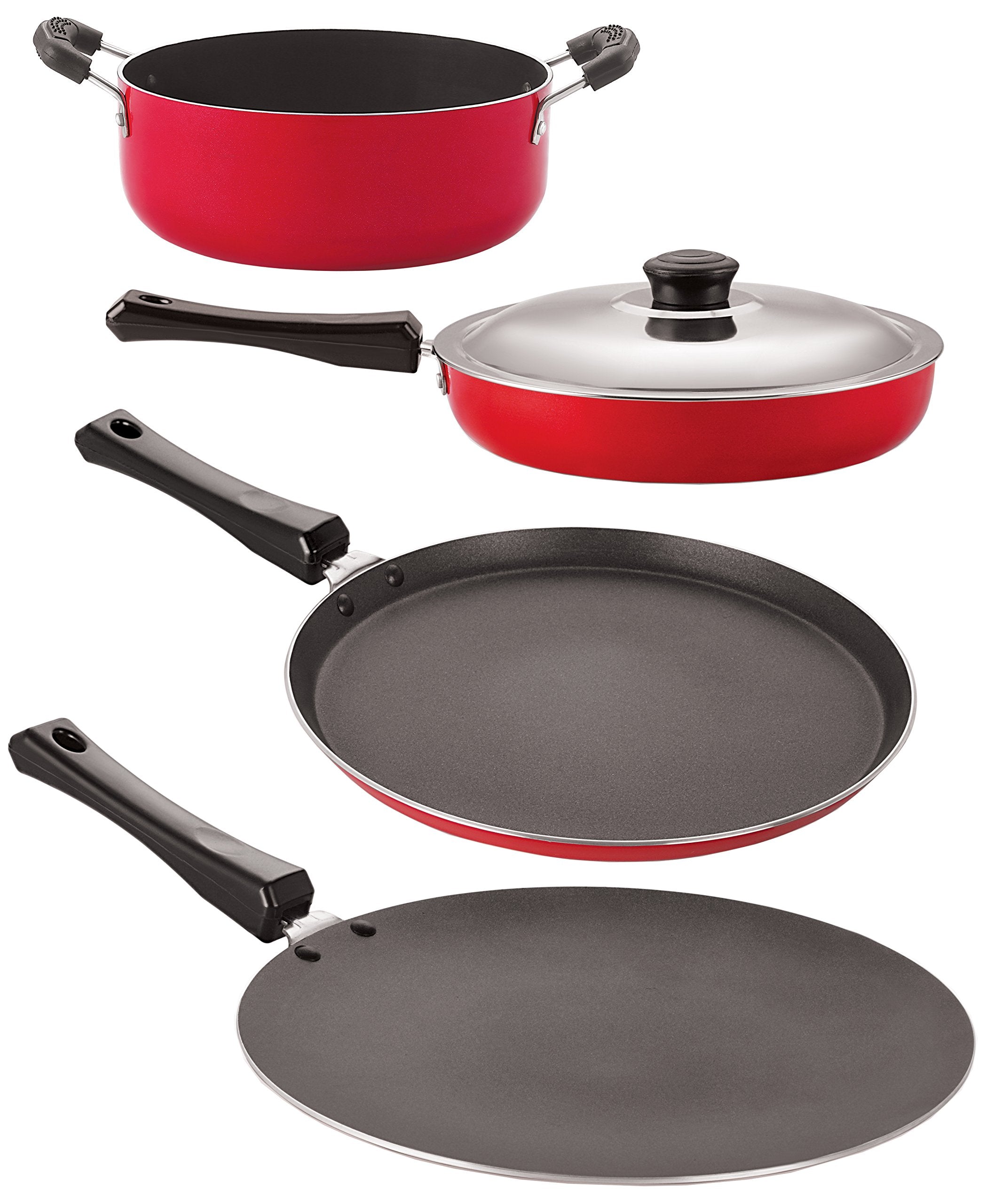 Nirlon NonStick Aluminum Cookware Set, 4Piece, Red And Black (26_Ct_Fp13_Ft10_Cass20)