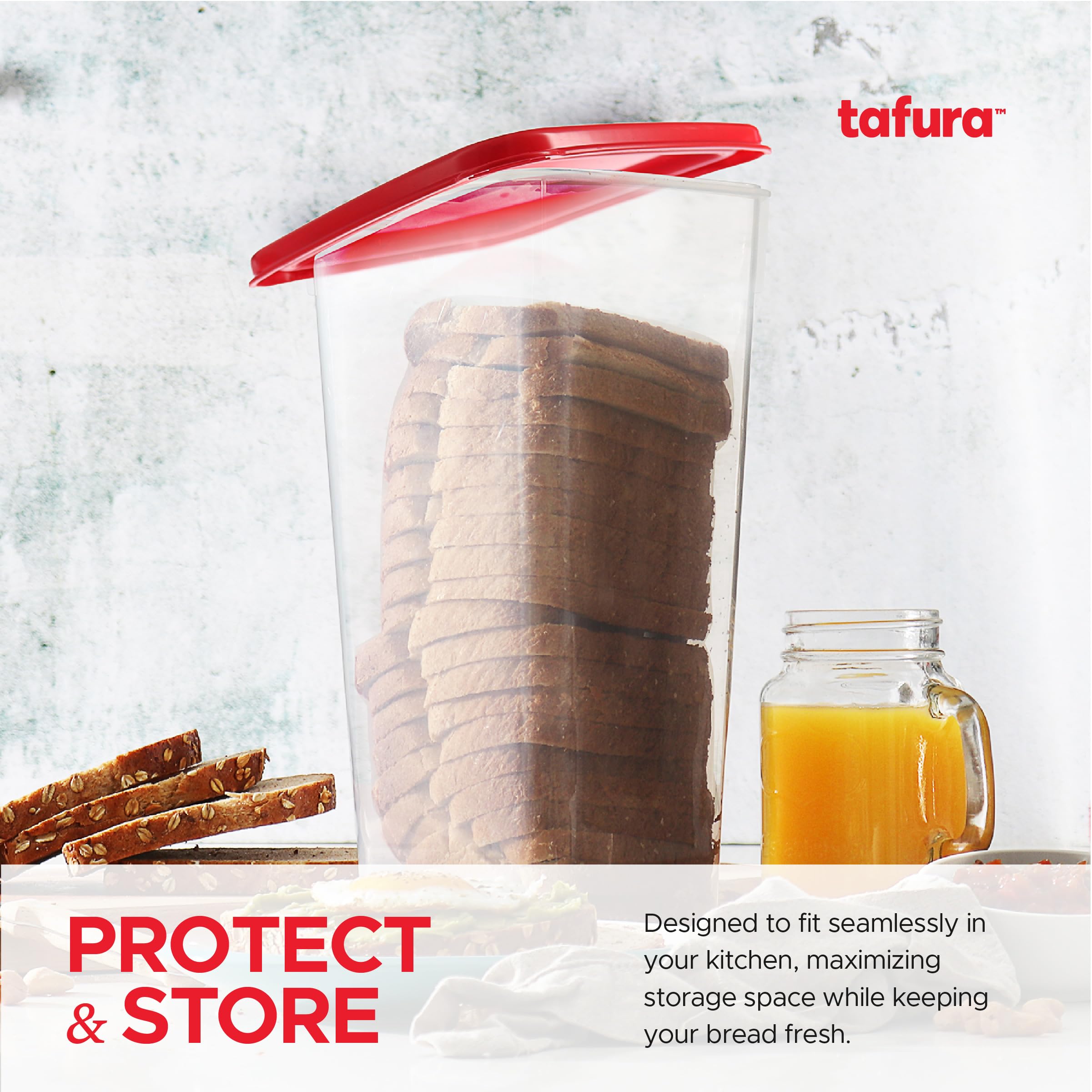 Tafura Bread Container | Bread Storage Container | Plastic Bread Box | Bread Loaf Keeper With Red Lid | Bread Saver Dispenser, B