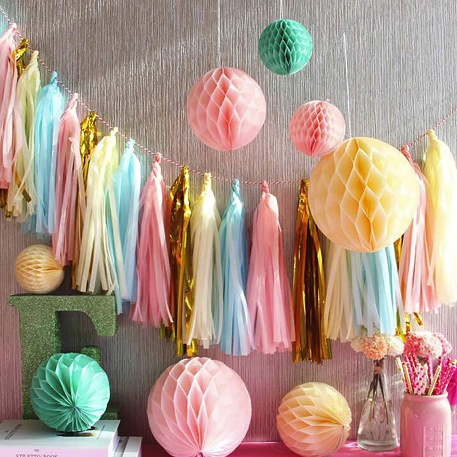 ZOOYOO Shiny Tassel Garland Tissue Paper Tassel Banner,Table Decor,DIY Kits for Party, Tassels Party Decoration,Pack of 20(Laven