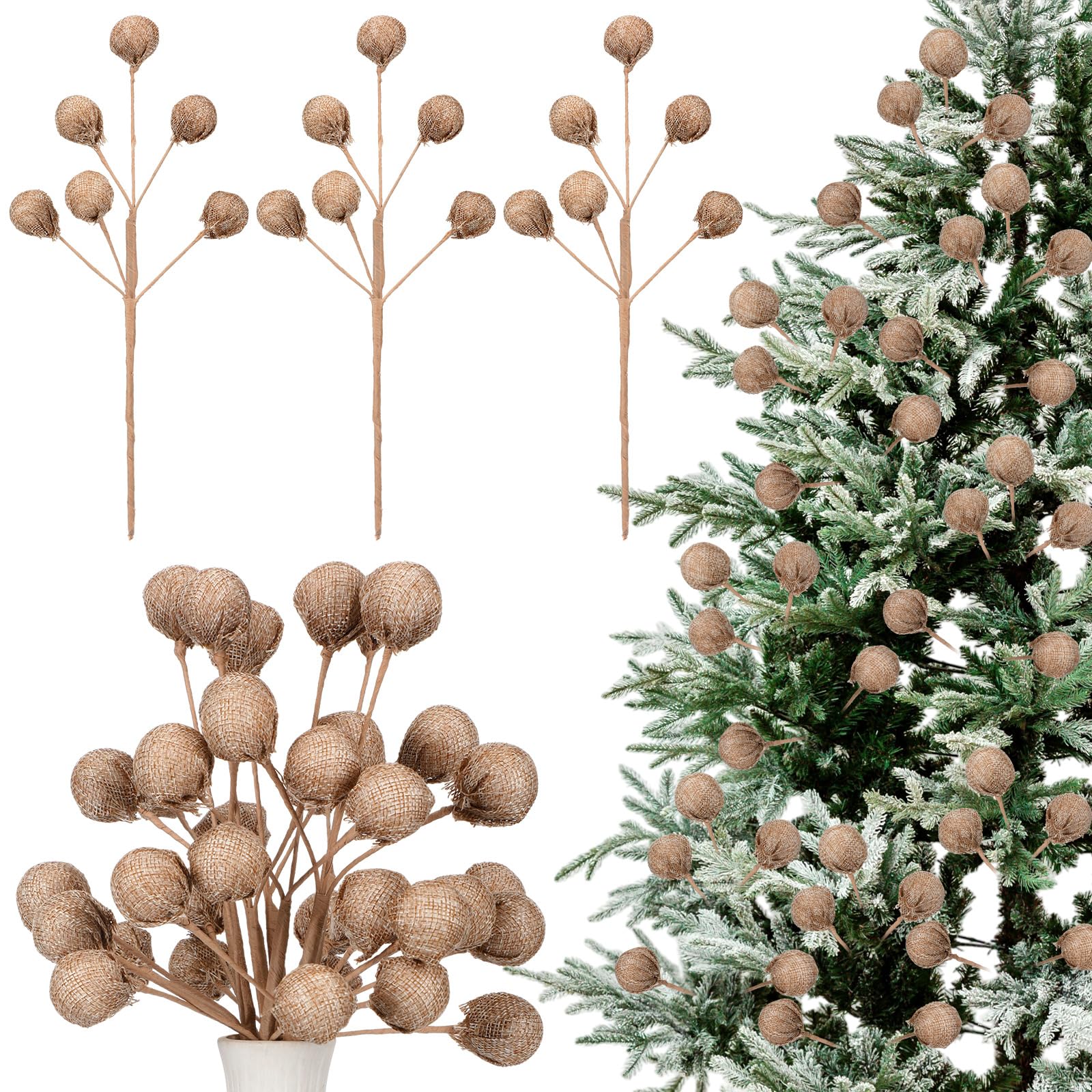 Tigeen 6 Pcs Burlap Spheres Ball Pick Farmhouse Christmas Tree Decoration Rustic Christmas Tree Ornaments Topper DIY Crafts Xmas