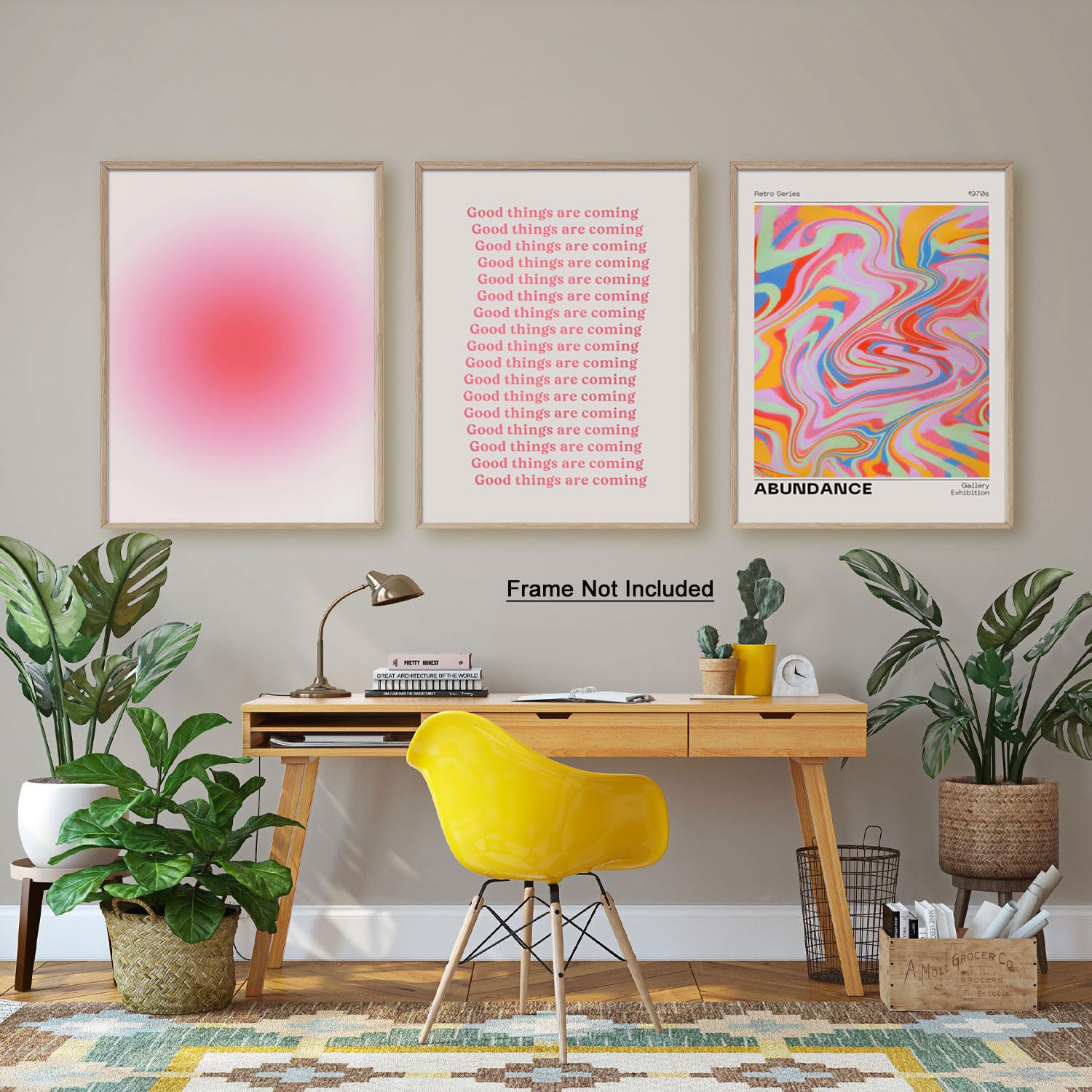 Good Things Are Coming Canvas Wall Art Aesthetic Set Of 3 | Gradient Psychedelic Aura Angel Posters Prints Room Decor | Pink Wal