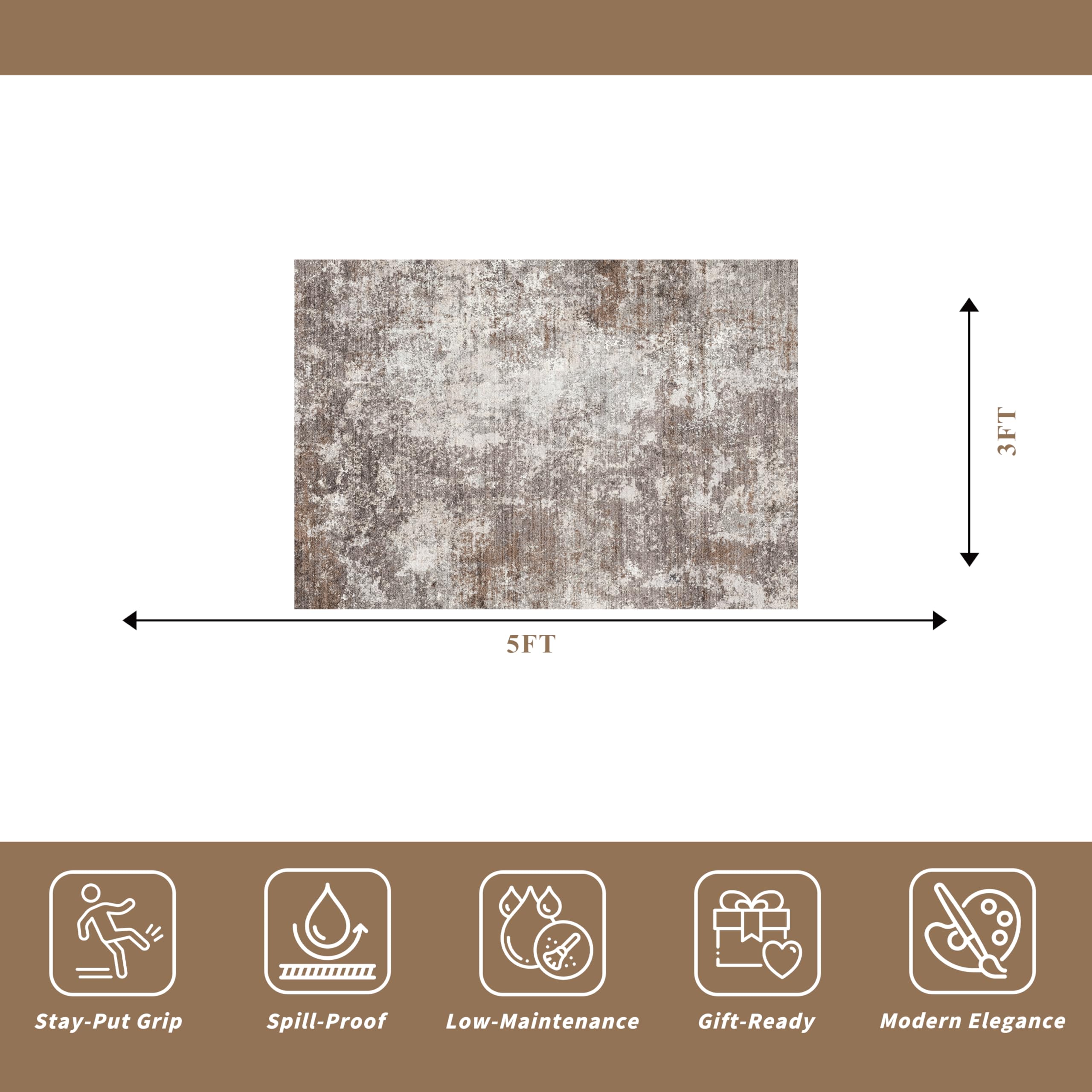 3x5 Washable Entryway Rug - Non-Slip Rubber Backed Small Area Rug for Kitchen, Bedroom, Living Room, Office - Soft Low-Pile Thin