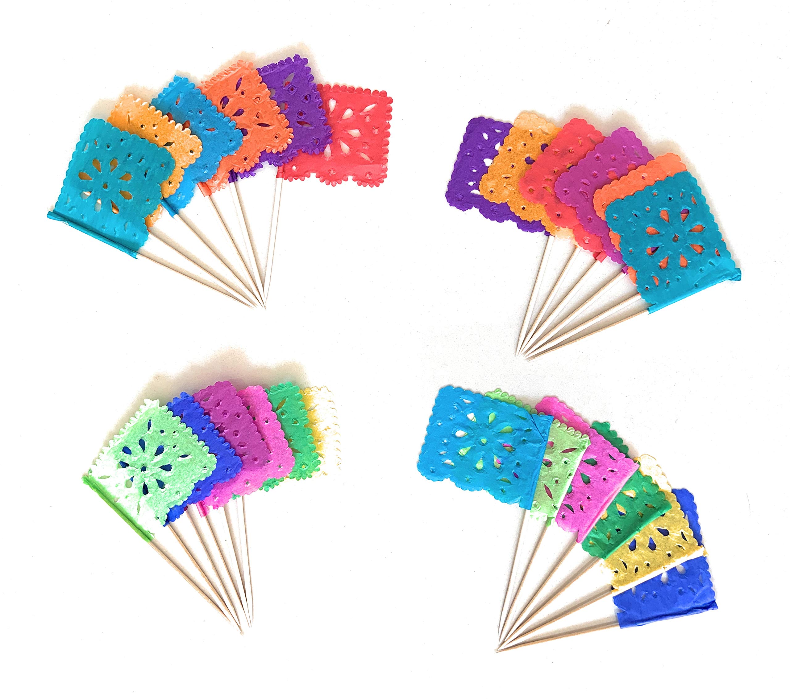Set Of 24 Pcs Multi-Colored Mini Mexican Paper Papel Picado Tissue Banner Flags Banderita S Fiesta Party Decorations Cupcake Top