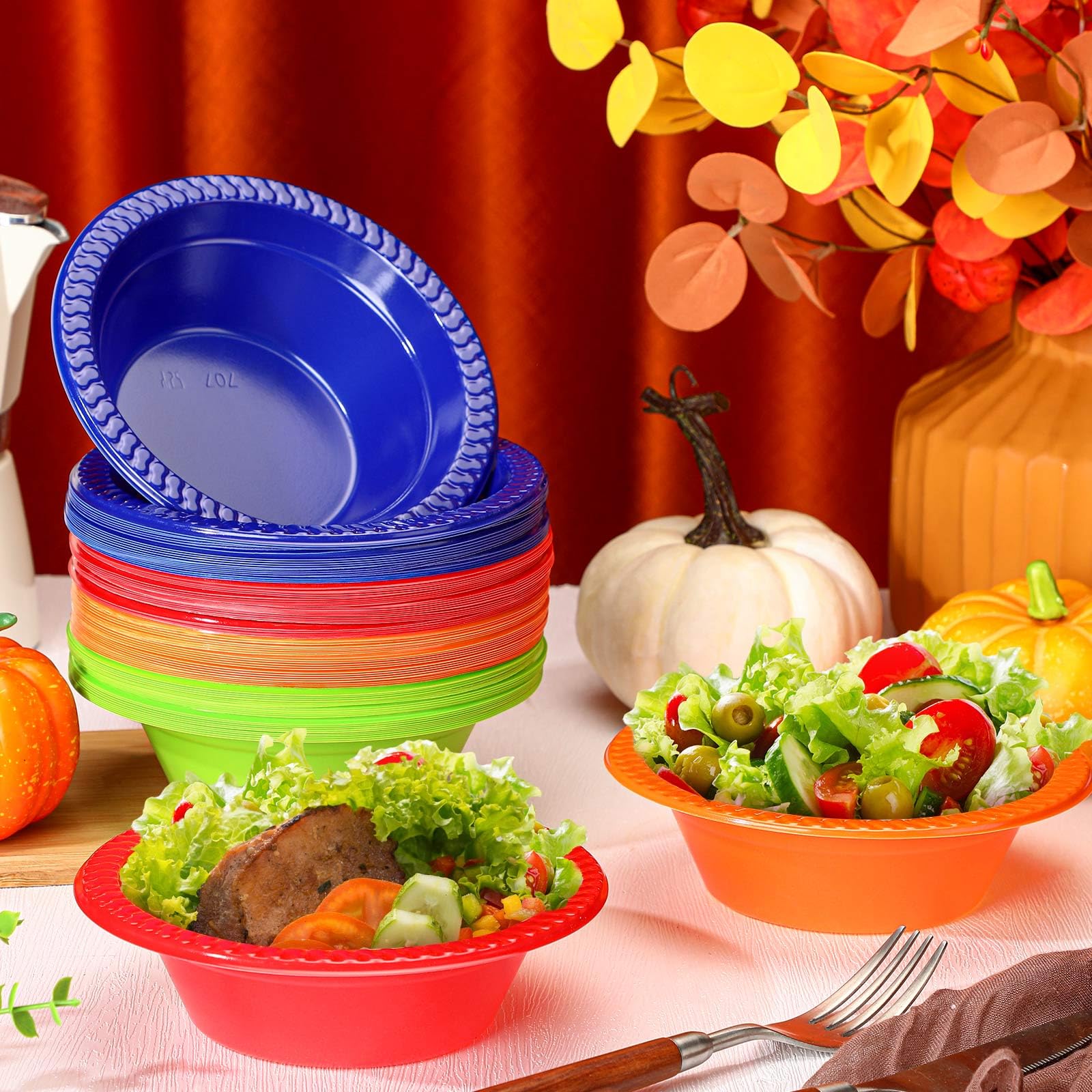 Lallisa 100 Pcs 12oz Colorful Disposable Plastic Bowls Dessert Cups Ice Cream Snack Salad Soup Food Serving Bowls for Autumn Tha