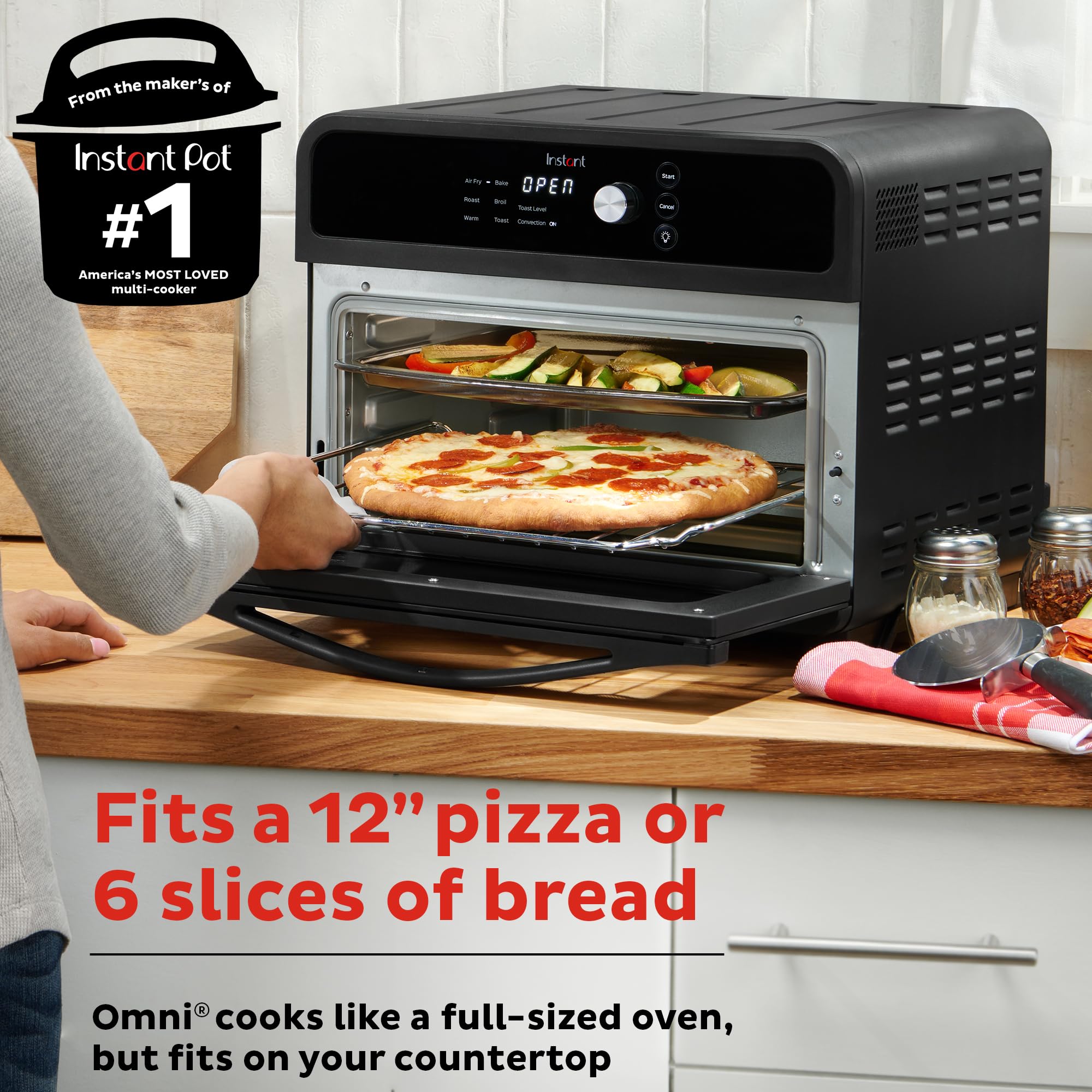 Instant Pot Omni Toaster Oven Air Fryer, 19QT, 7-in-1, Stainless Steel, Black, Model 140-4003-01, Fits 12" Pizza,
