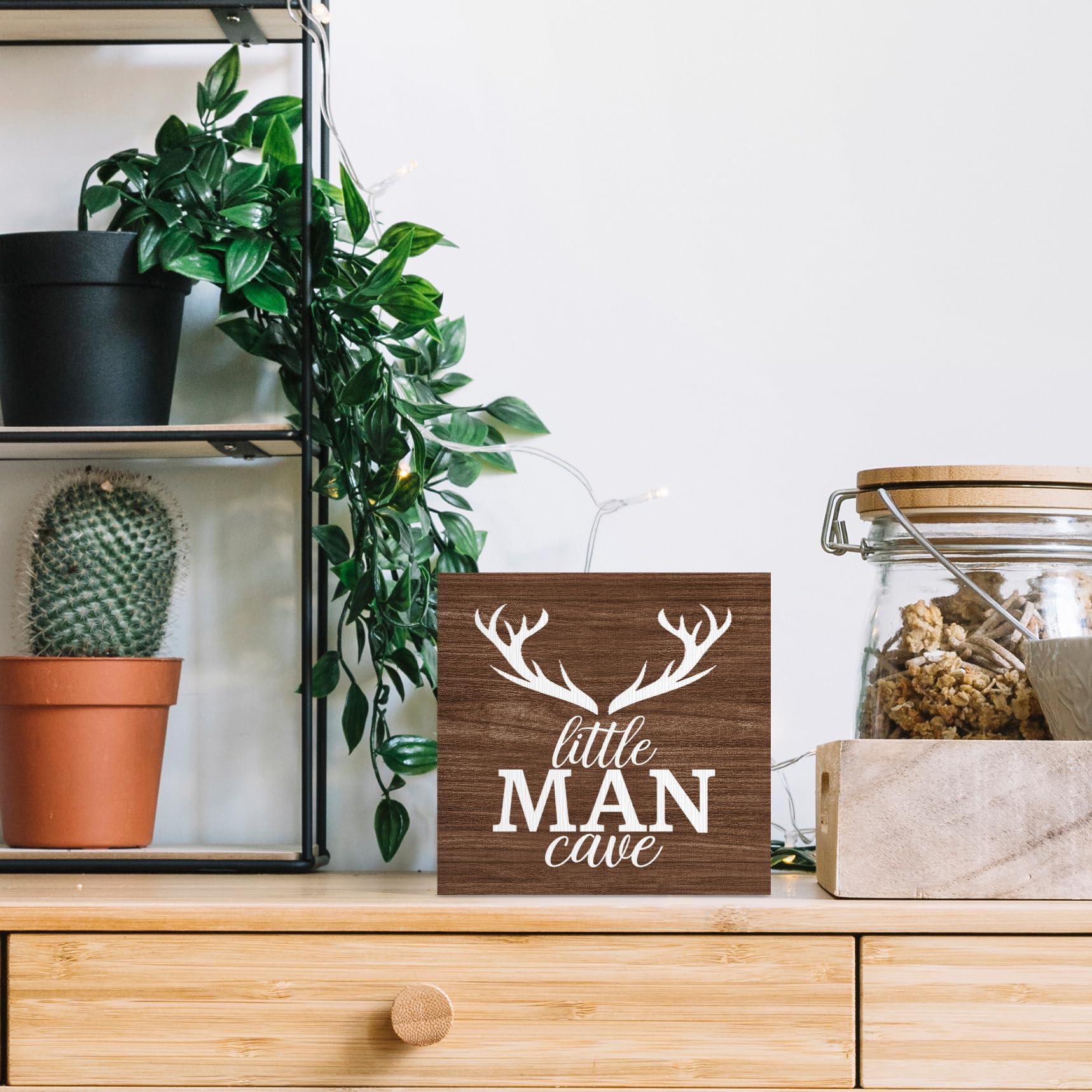 ANIANG Little Man Cave Sign for Boys, Boy Nursery Desk Decor, Vintage Rustic Farmhouse Antlers Deer Wood Block Box Sign Plaque f