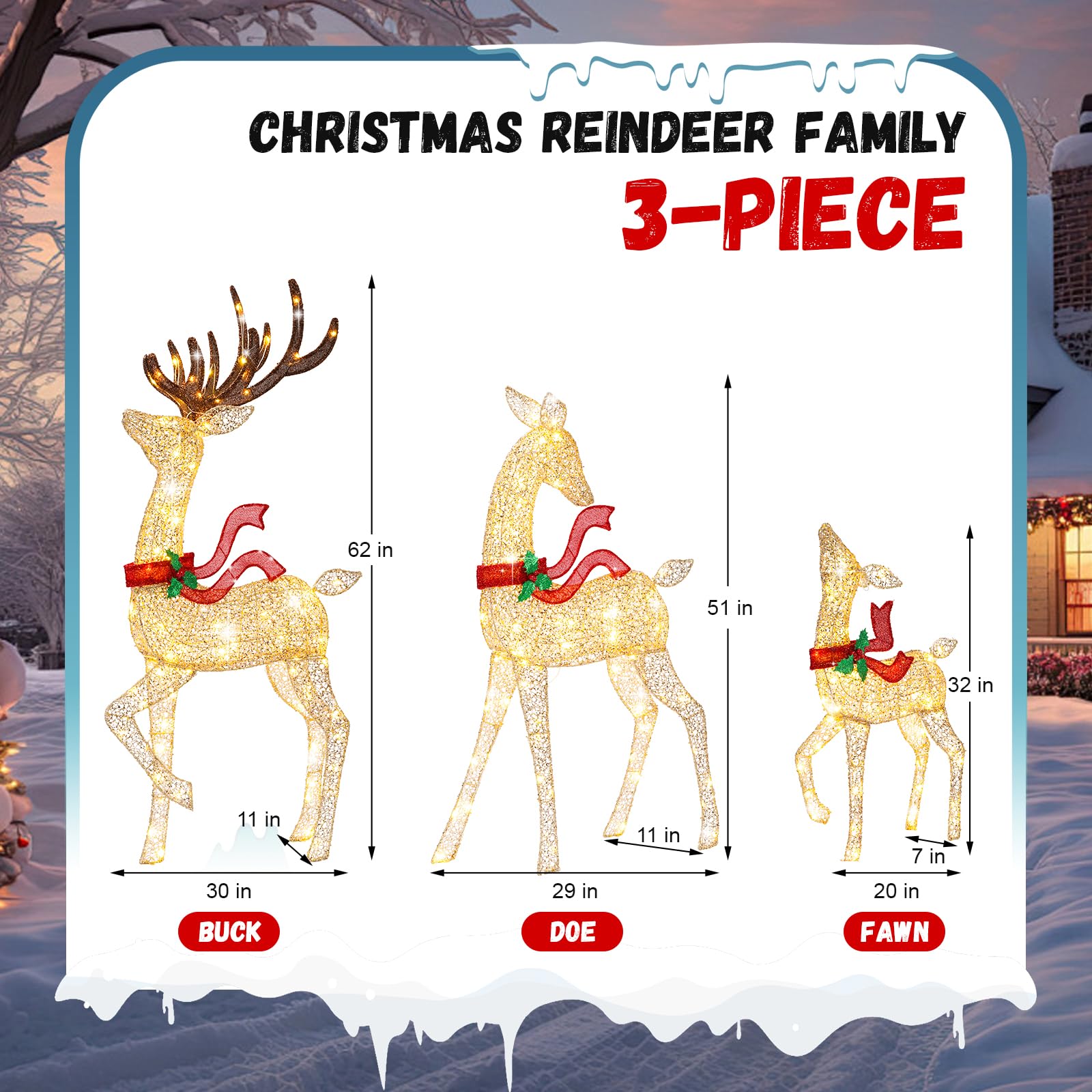 MARACOL 62-Inch Lighted Reindeer Christmas Decoration Set, 3-Piece Family, 200 LED Warm White Lights, Gold Metal for Outdoor Yard Garden Party