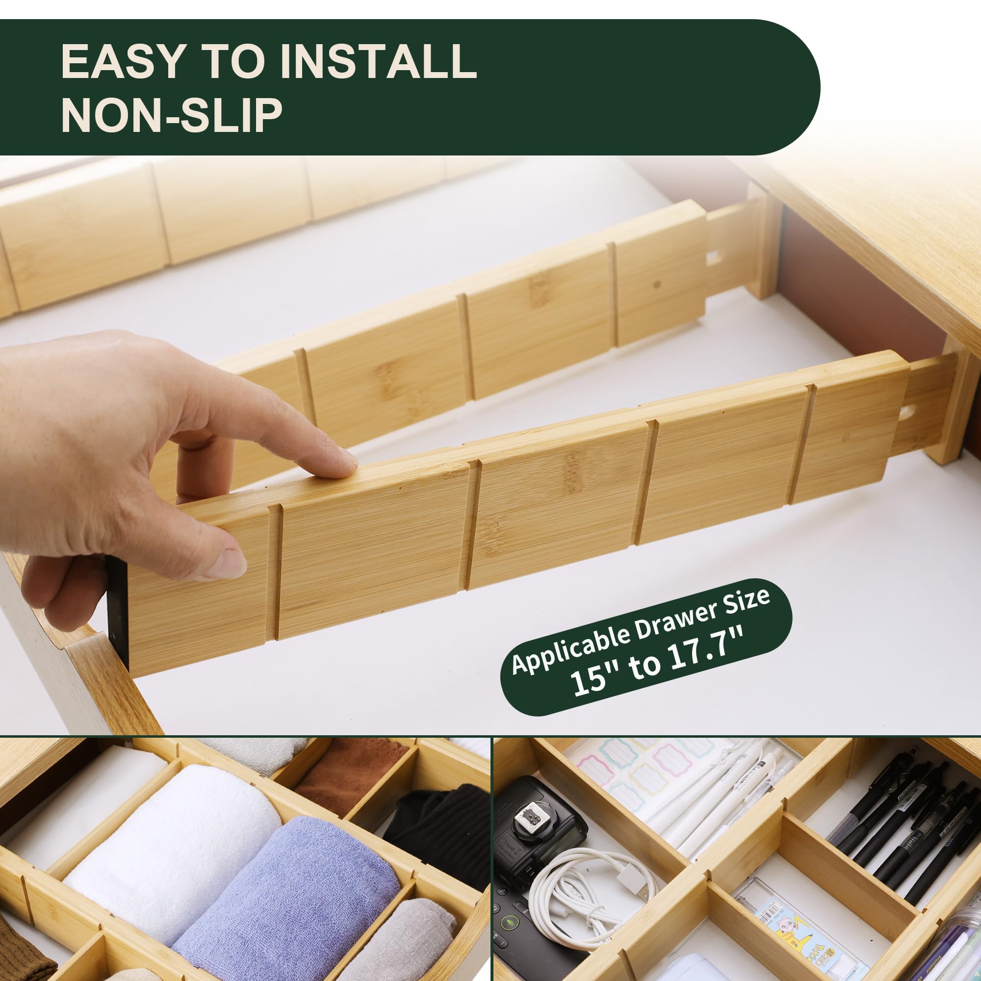 Utoplike Bamboo Drawer Dividers with Inserts, 4 pcs Adjustable Kitchen Drawer Organizers, Expandable Wooden Drawer Organization