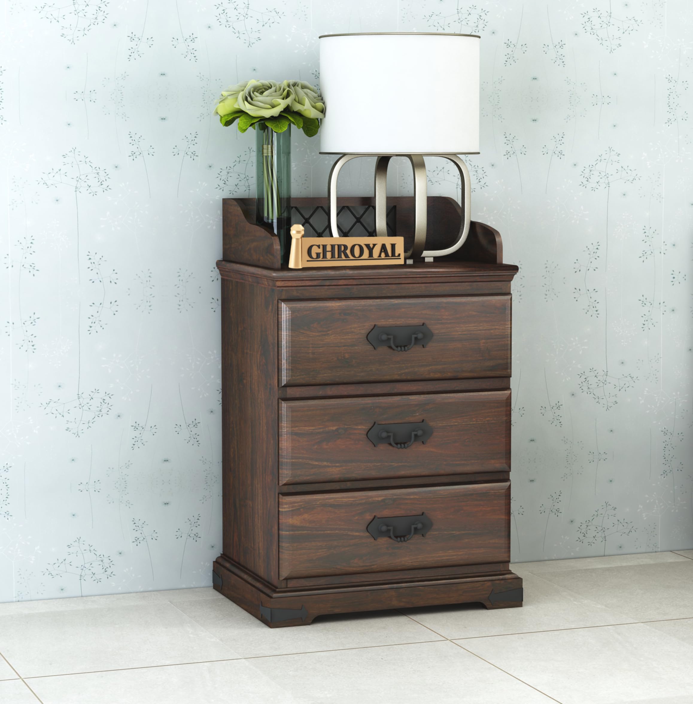 Ghroyal Solid Sheesham Wood Bedside Table With 3 Drawer Storage End Table Sofa Side Table For Living Room Home And Office (Walnu