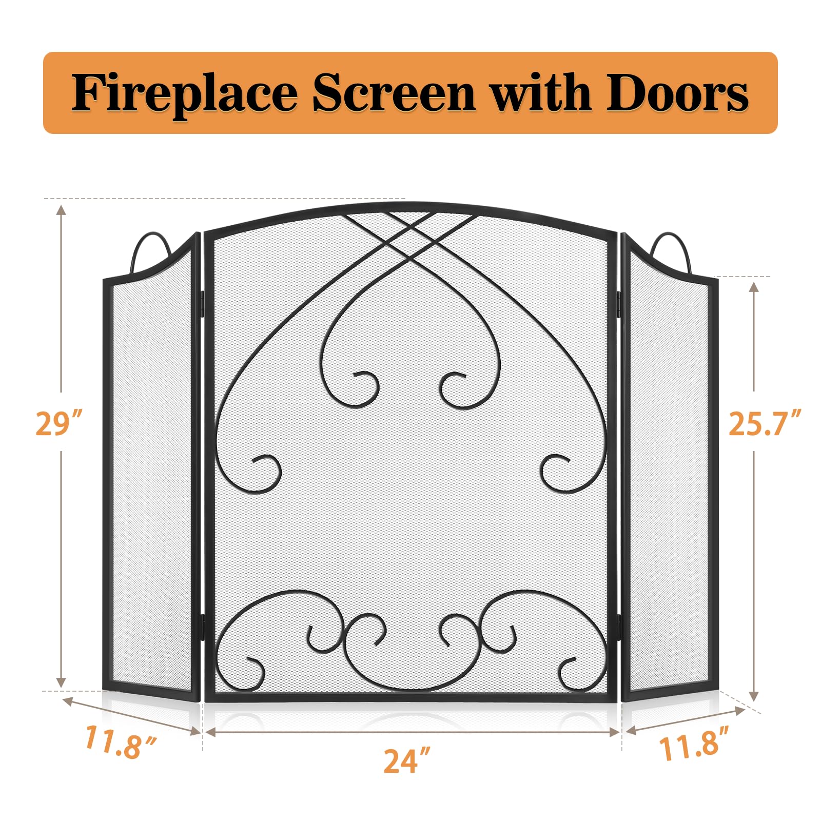 Gtongoko 3 Panel Fireplace Screen With Handles 48'' W X 29'' H New Version Modern Wrought Iron Decorative Large Fire Spark Guard