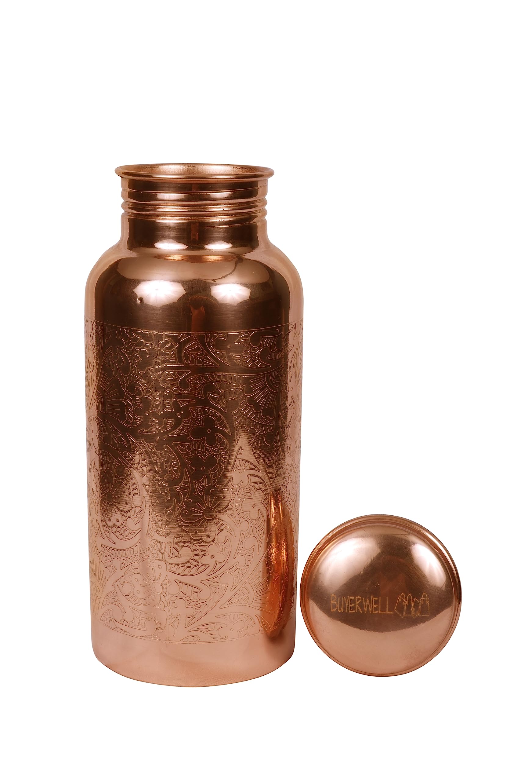 Buyerwell Pure Copper Embossed Water Bottle 17 Oz with Lid Ayurvedic Water Bottle Copper Water Vessel Small Leak Proof Seamless 