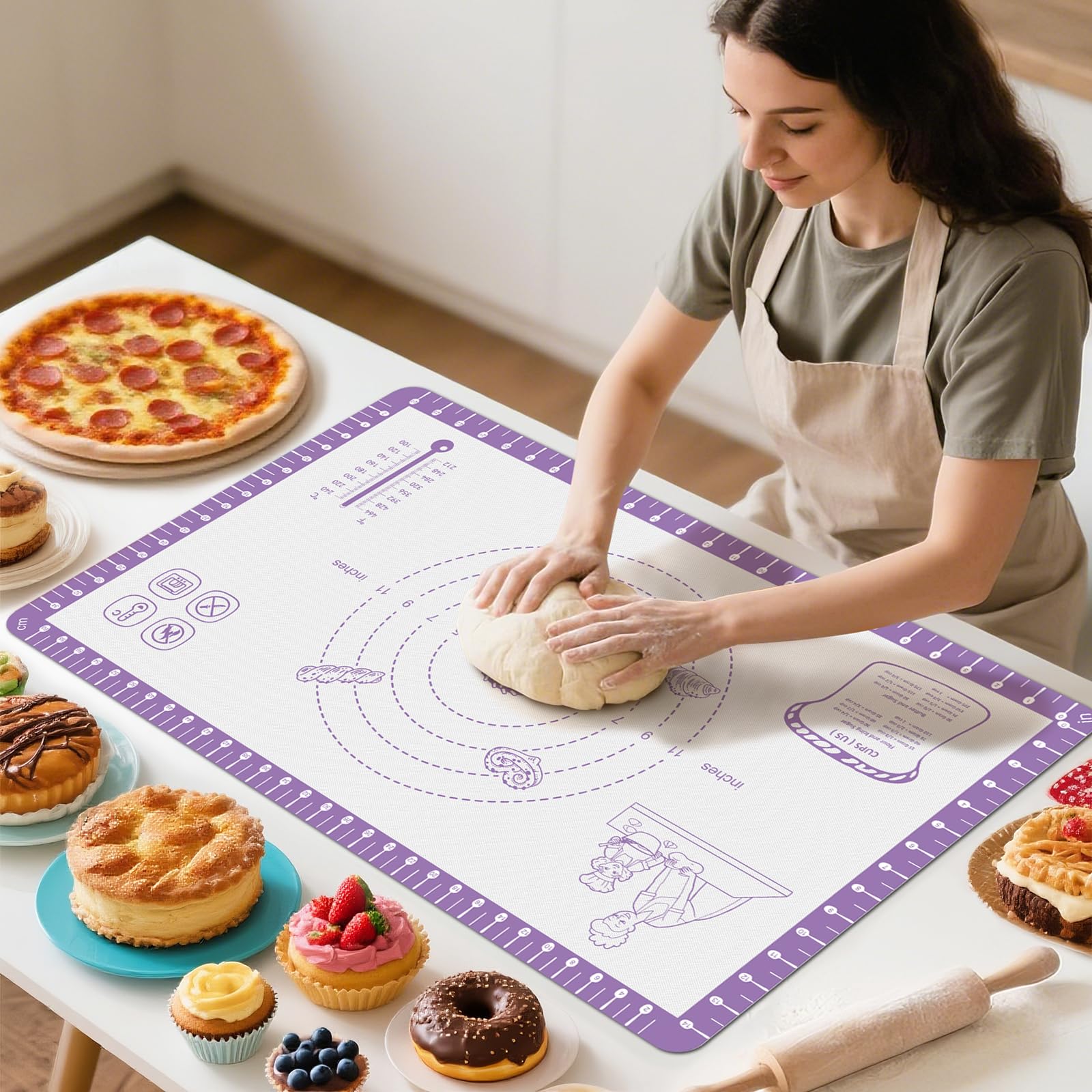 Silicone Pastry Mat with 10 Useful Recipes, Silicone Mat for Baking, Dough Rolling for Bread, Cookie, Macaron, Pizza, Surdough, 