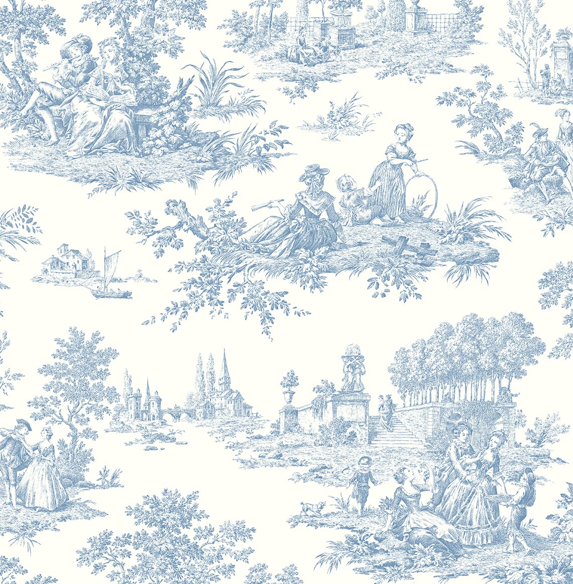 Seabrook Designs Blue Bell Chateau Toile Prepasted Wallpaper Roll 56 sq. ft. PR10602