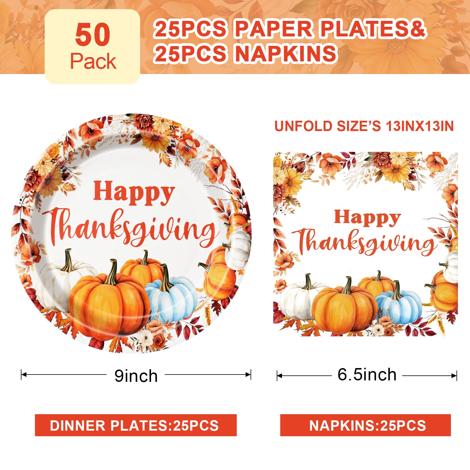 KTCNMER 50Pcs Thanksgiving Paper Plates and Napkins Disposable paper plates for Thanksgiving Party Supplies