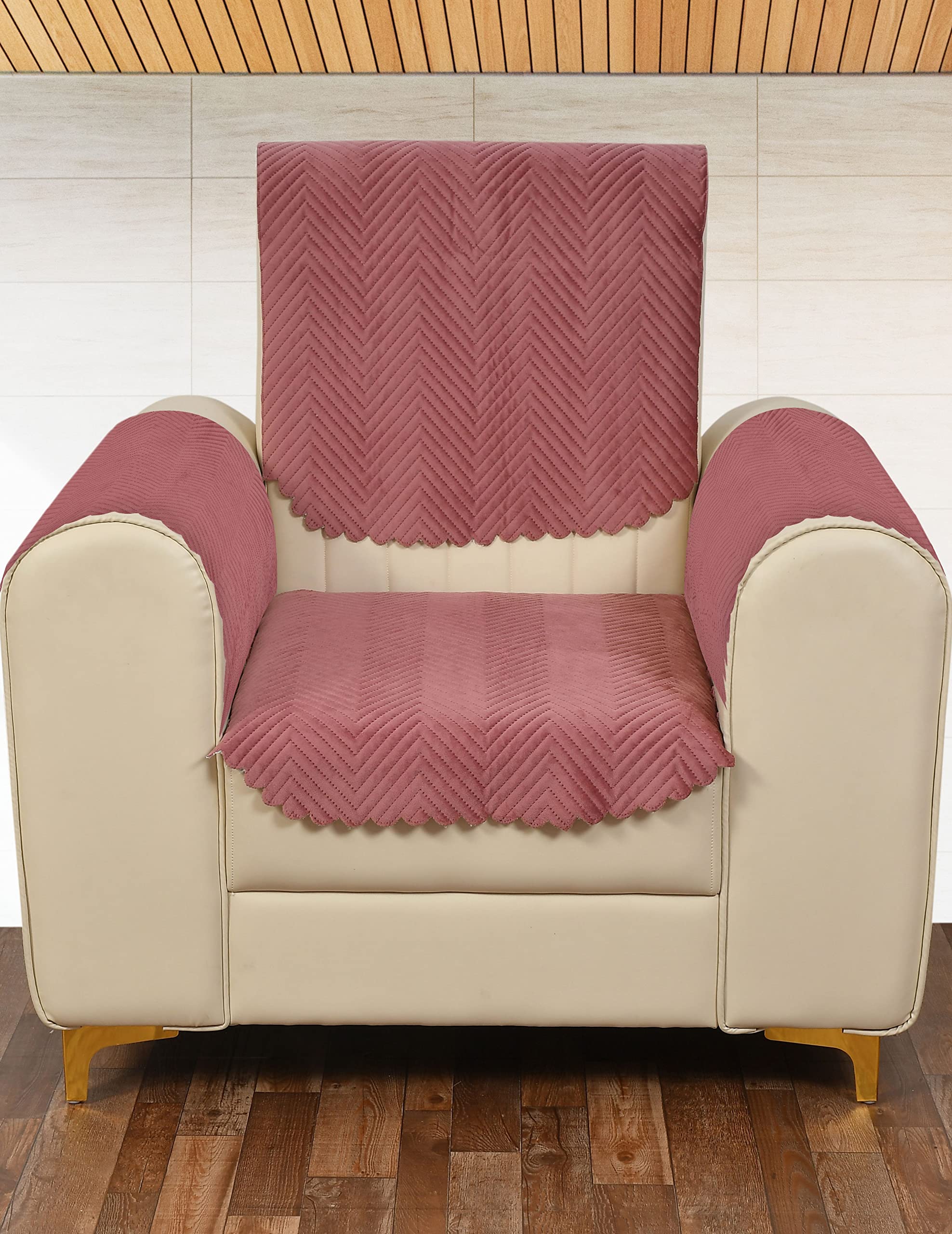 Yellow Weaves 1 Seater Quilted Sofa Chair Cover With Arm Cover, Seat & Back Cover, Color - Rose Gold, Velvet