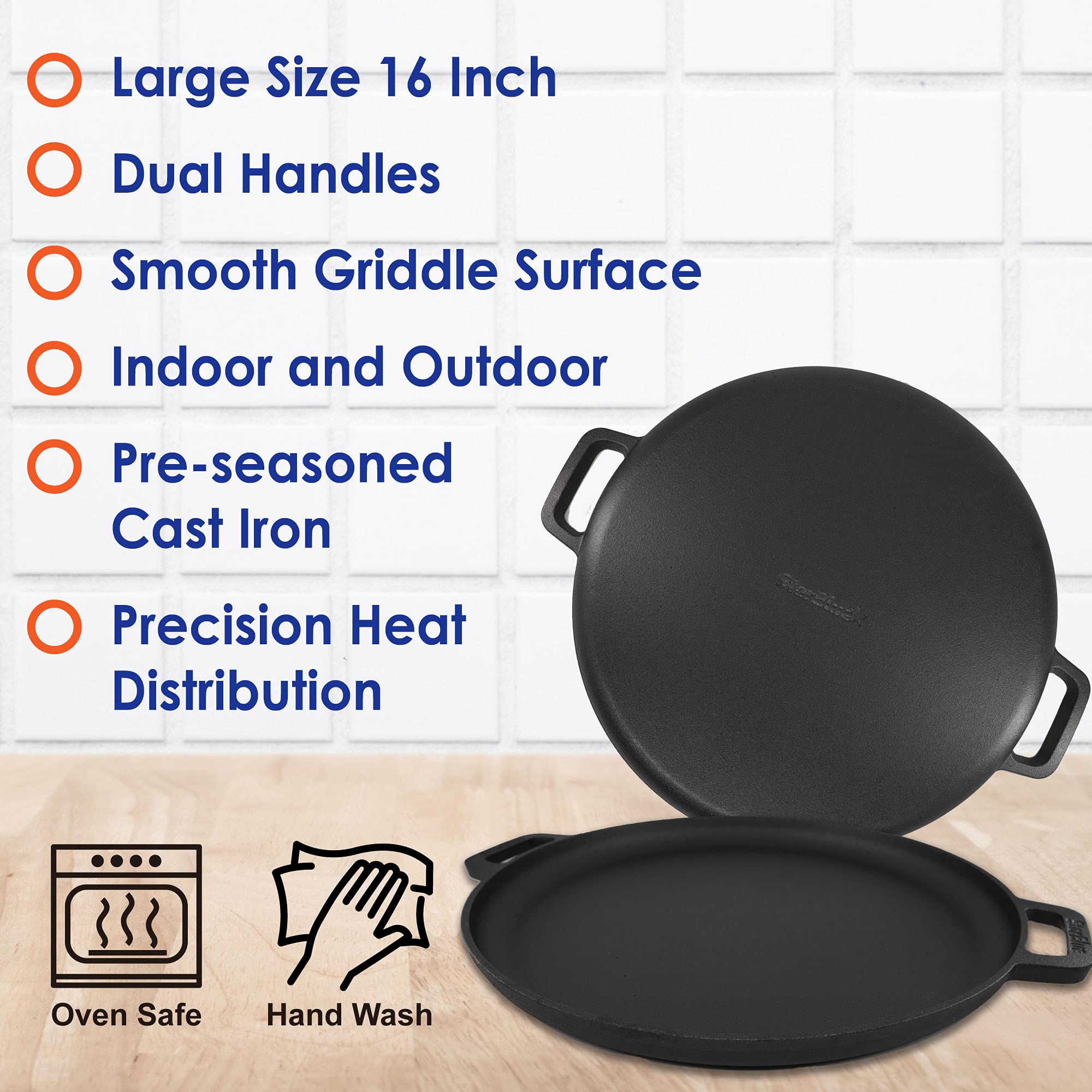 16 Inch Cast Iron Pizza Pan Round Griddle By Starblue With Free Silicone Handles And 30 Recipes Ebook- Pre-Seasoned Comal, Kitch