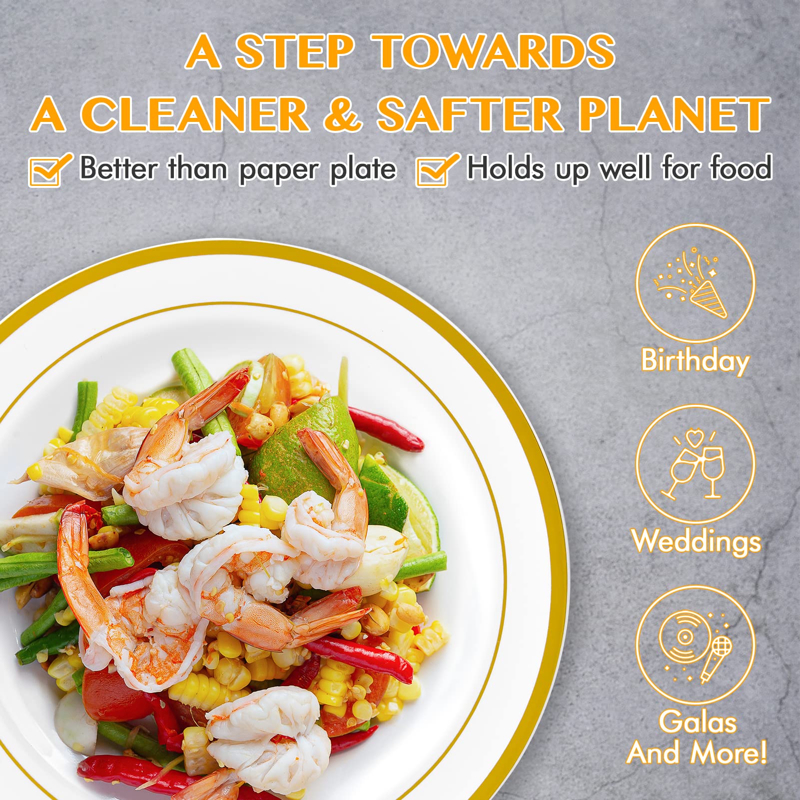 Jollypack 100 Piece Plastic Party Plates, Disposable Gold Plastic Plates, Include 10 Inch Disposable Dinner Plates 50Pcs And 7 I