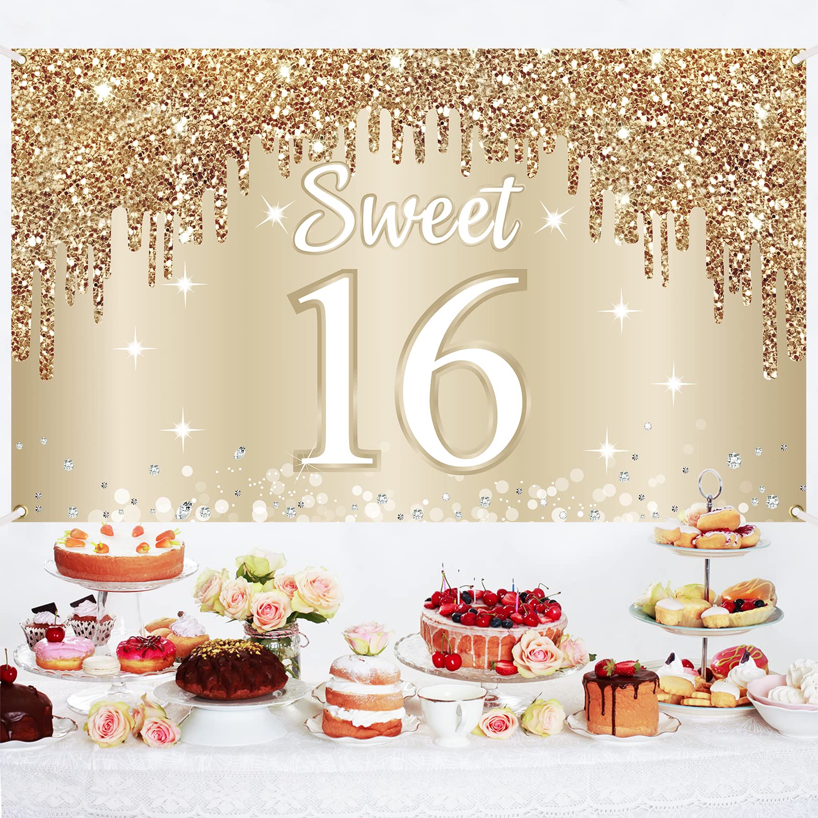 Happy Sweet 16Th Birthday Banner Backdrop Decorations For Girls, Gold White Sweet 16 Birthday Sign Party Supplies, Sixteen Year