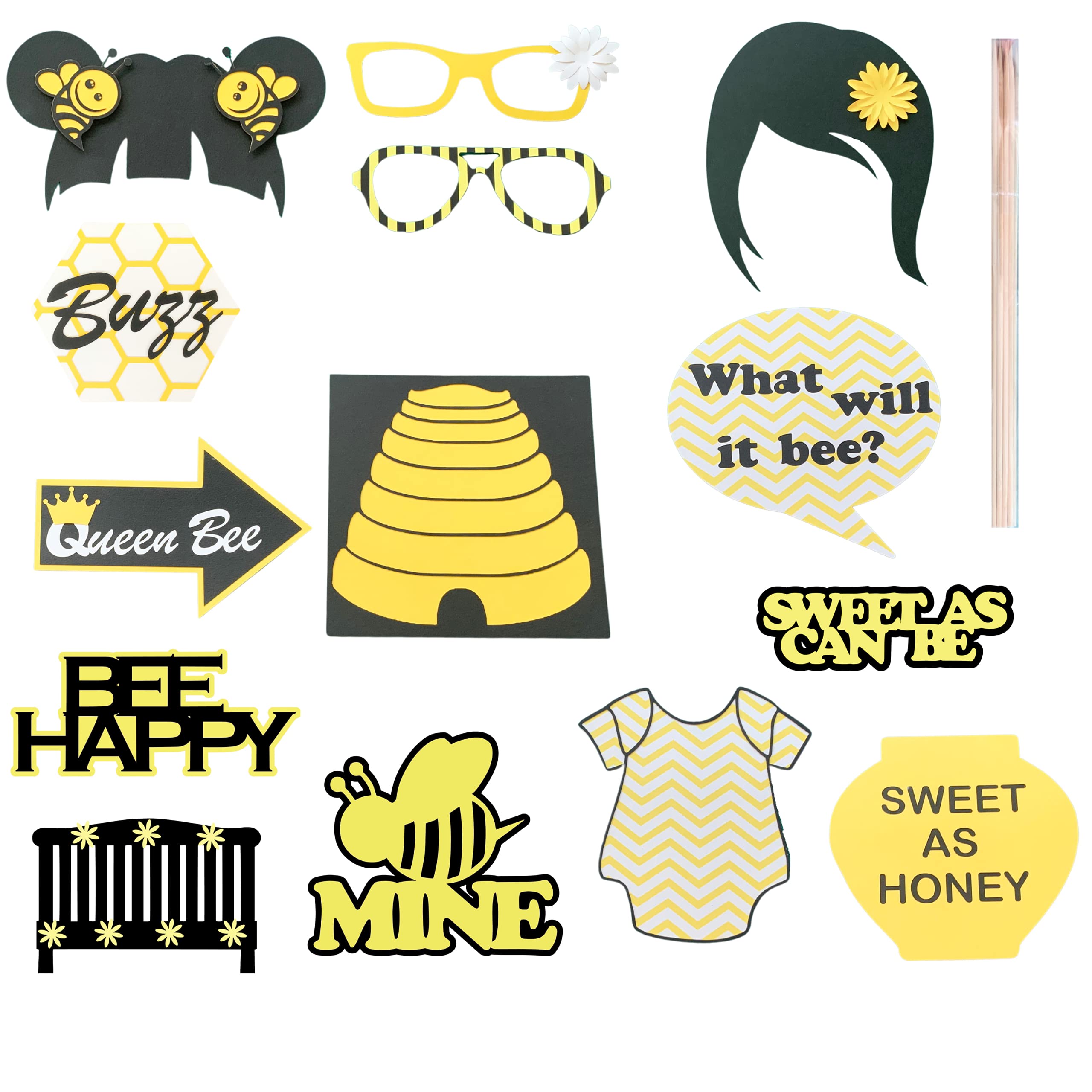 Pinfliers Bumblebee Baby Shower Themed Party Paper Photo Booth Props, 14 Pieces, Yellow, White and Black