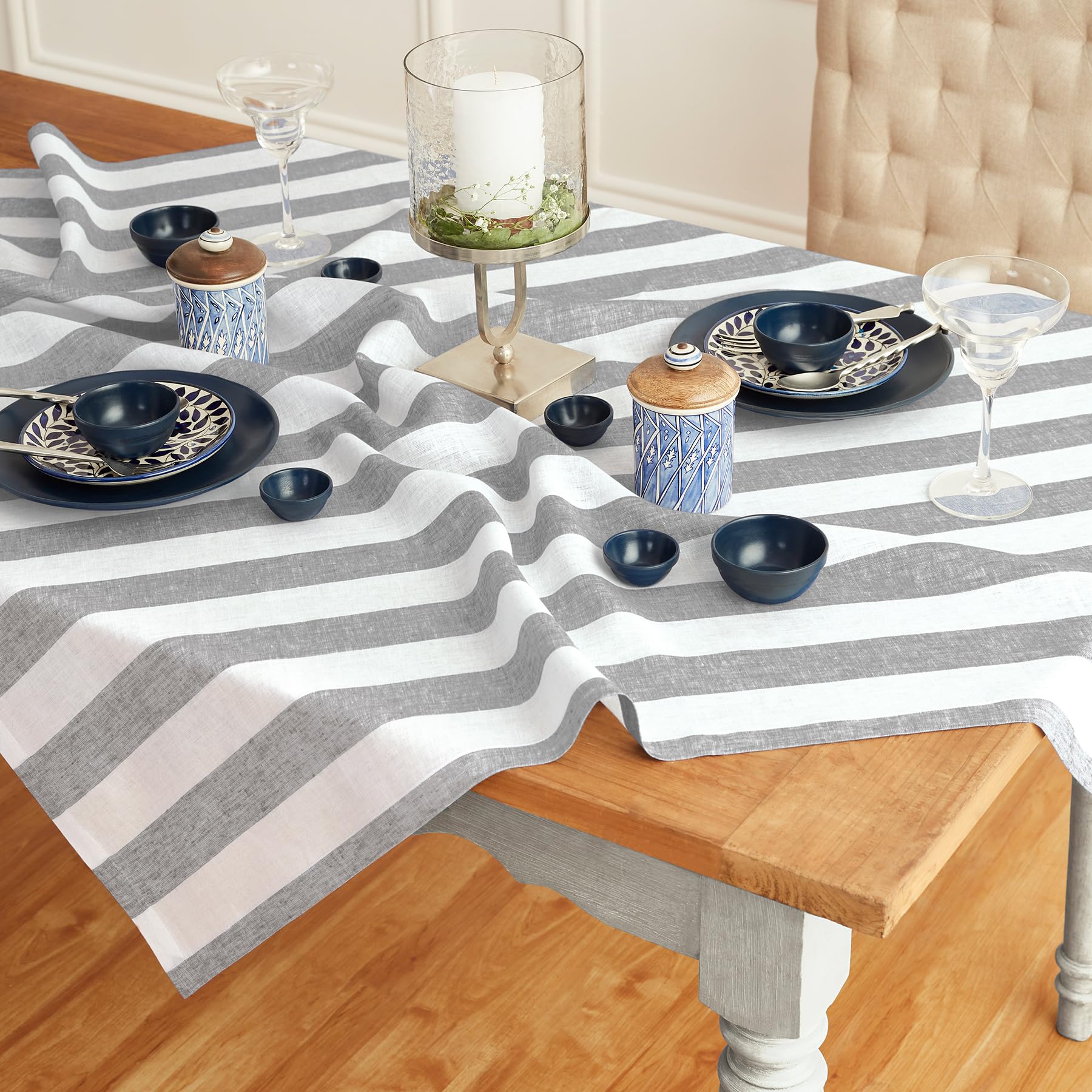 Solino Home Cabana Stripe Linen Tablecloth 52 X 52 Inch - 100% Pure Linen Grey And White Table Throw For Spring, Easter - Handcr